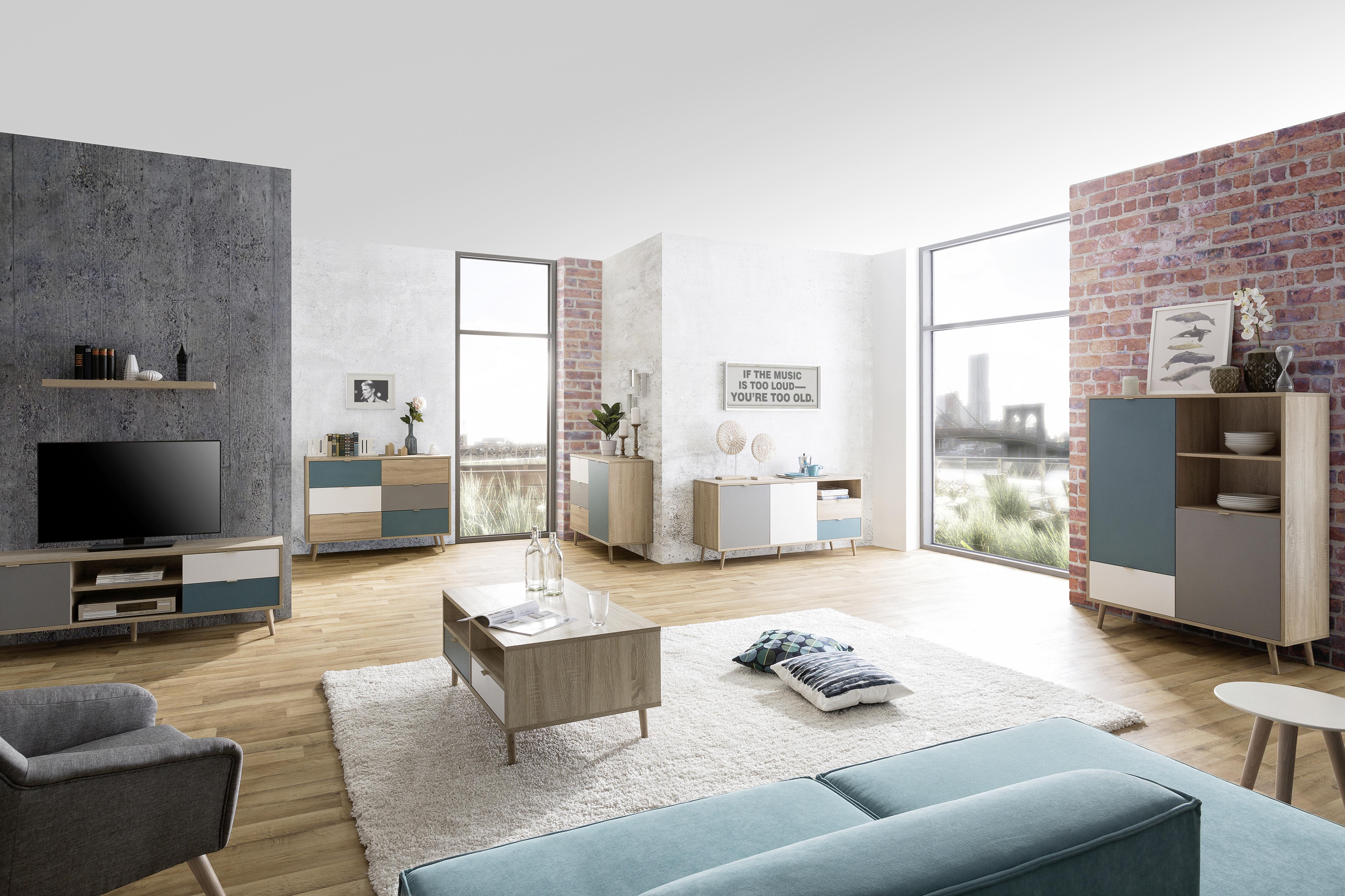 Highboard 103cm Cuba 53-Trend, Eiche Dekor/Grau/Petrol/Weiß - Eichefarben/Petrol, Trend, Holzwerkstoff (103/139/40cm) - MID.YOU