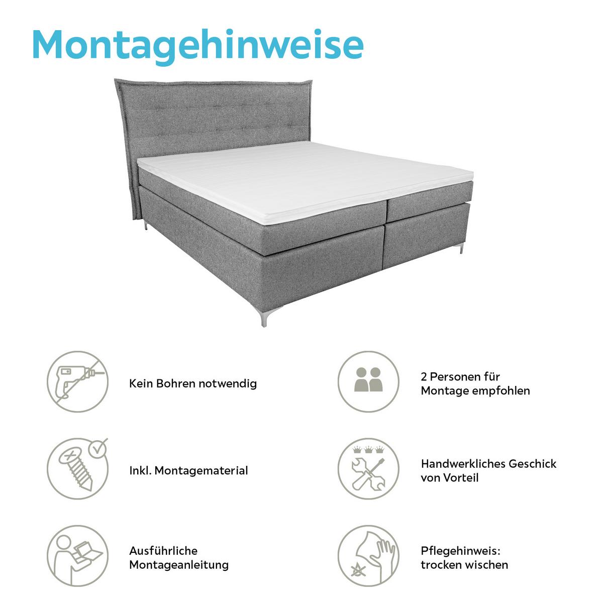 Boxspringbett mit Topper 180x200cm Fabio, Grau - Grau, MODERN, Textil (180/200cm)
