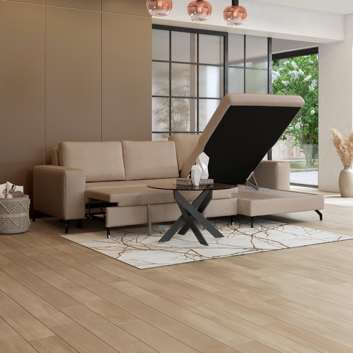 Ecksofa mit Bettkasten Cloud Beige Cord 290x178 cm - Beige, Trend, Textil (290/178cm)