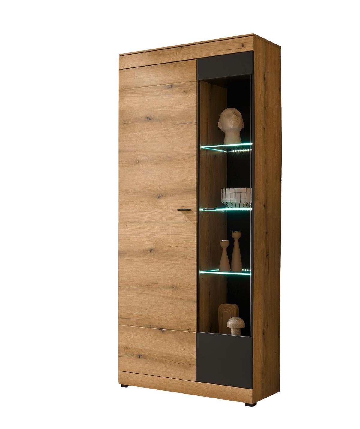 Vitrine Soleto Graphit-/Eichefarben B: 90cm - Eichefarben/Schwarz, Design, Holzwerkstoff (90/201/35cm) - MID.YOU