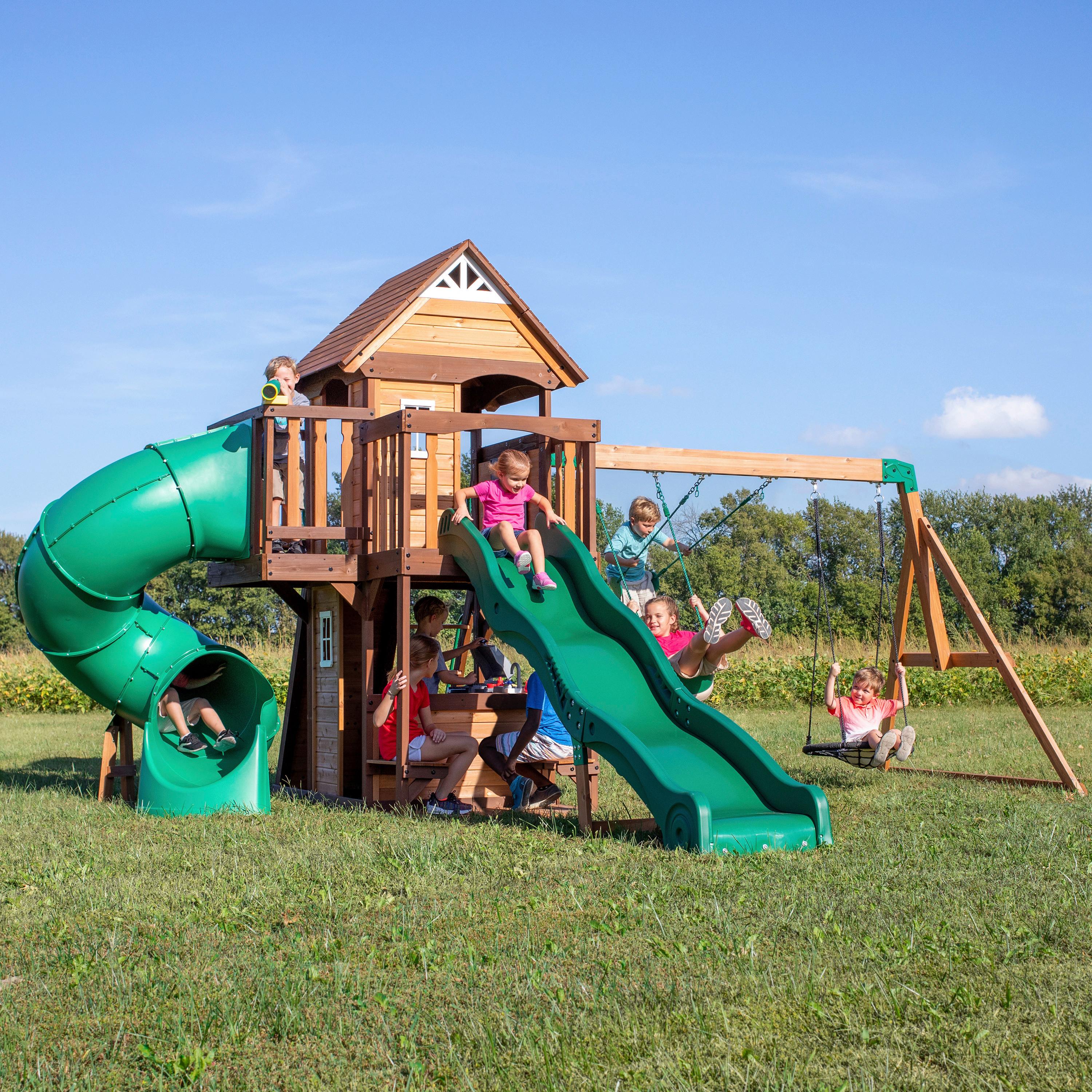 Spielturm Cedar Cove Braun/grün B: 470 Cm - Braun/Grün, KONVENTIONELL, Holz (470/300/560cm) - Ambia Garden