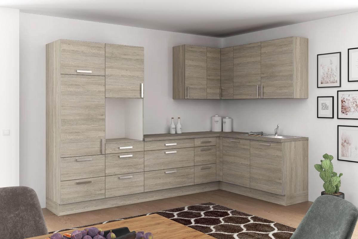 Eckküche Ip2200 ohne Geräte 320x185 cm Grau/Eiche Dekor - Kaschmir/Eichefarben, Basics (320/185cm)