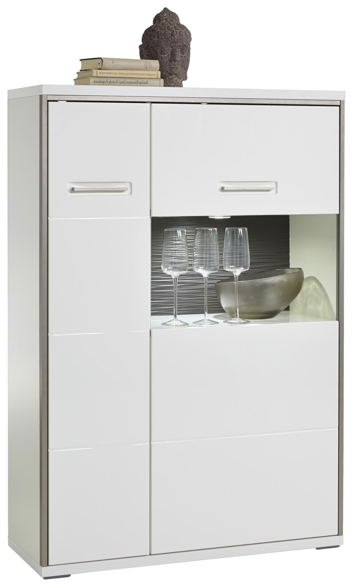 Highboard B: 94 cm Trento Grau/Silberfarben/Weiß - Weiß Hochglanz/Silberfarben, Design, Glas/Holzwerkstoff (94/137/38cm) - Livetastic