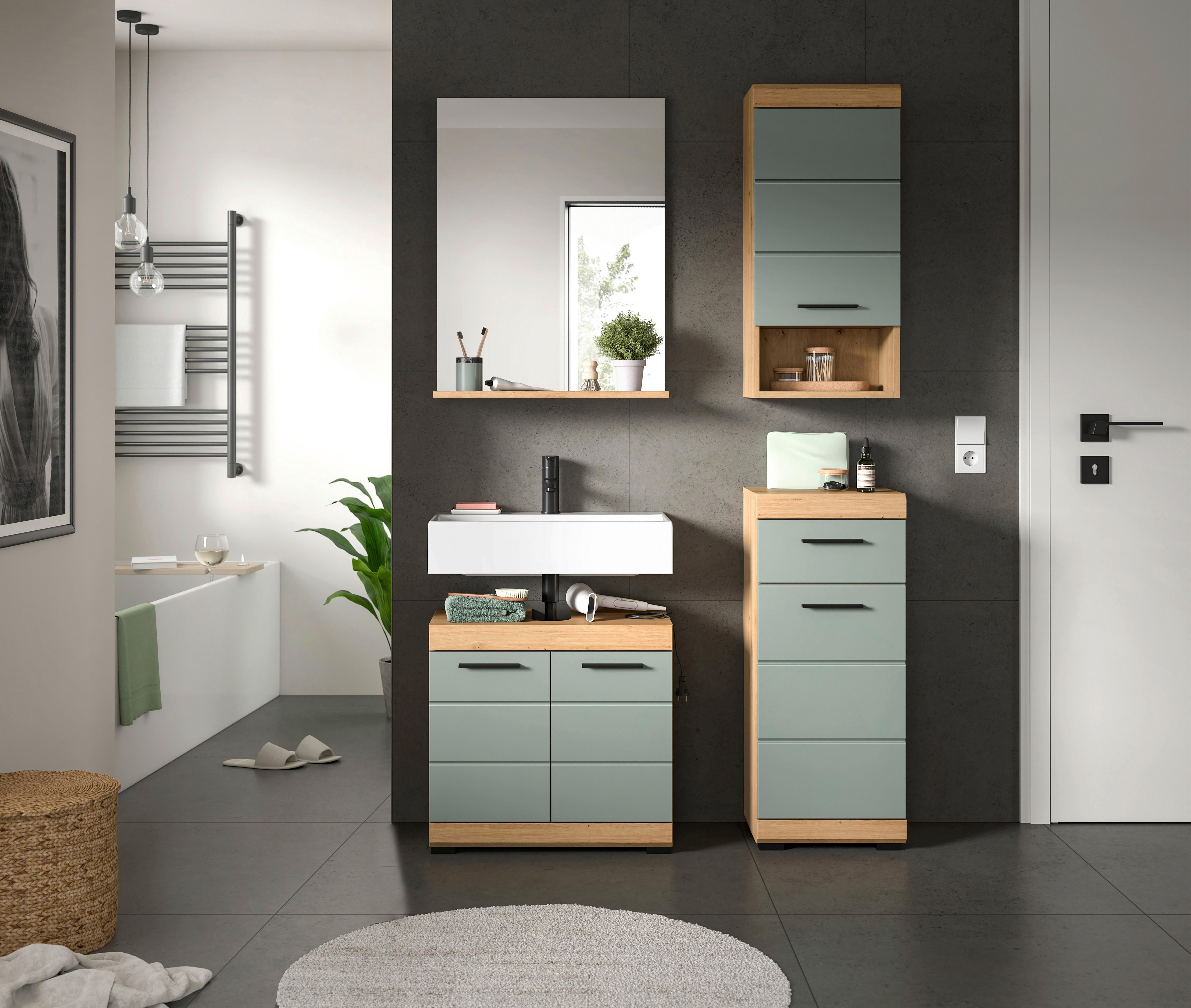 Badezimmer Scout Salbeigrün/Eiche D. B: 97 cm - Salbeigrün/Schwarz, MODERN, Glas/Holzwerkstoff (97cm) - MID.YOU