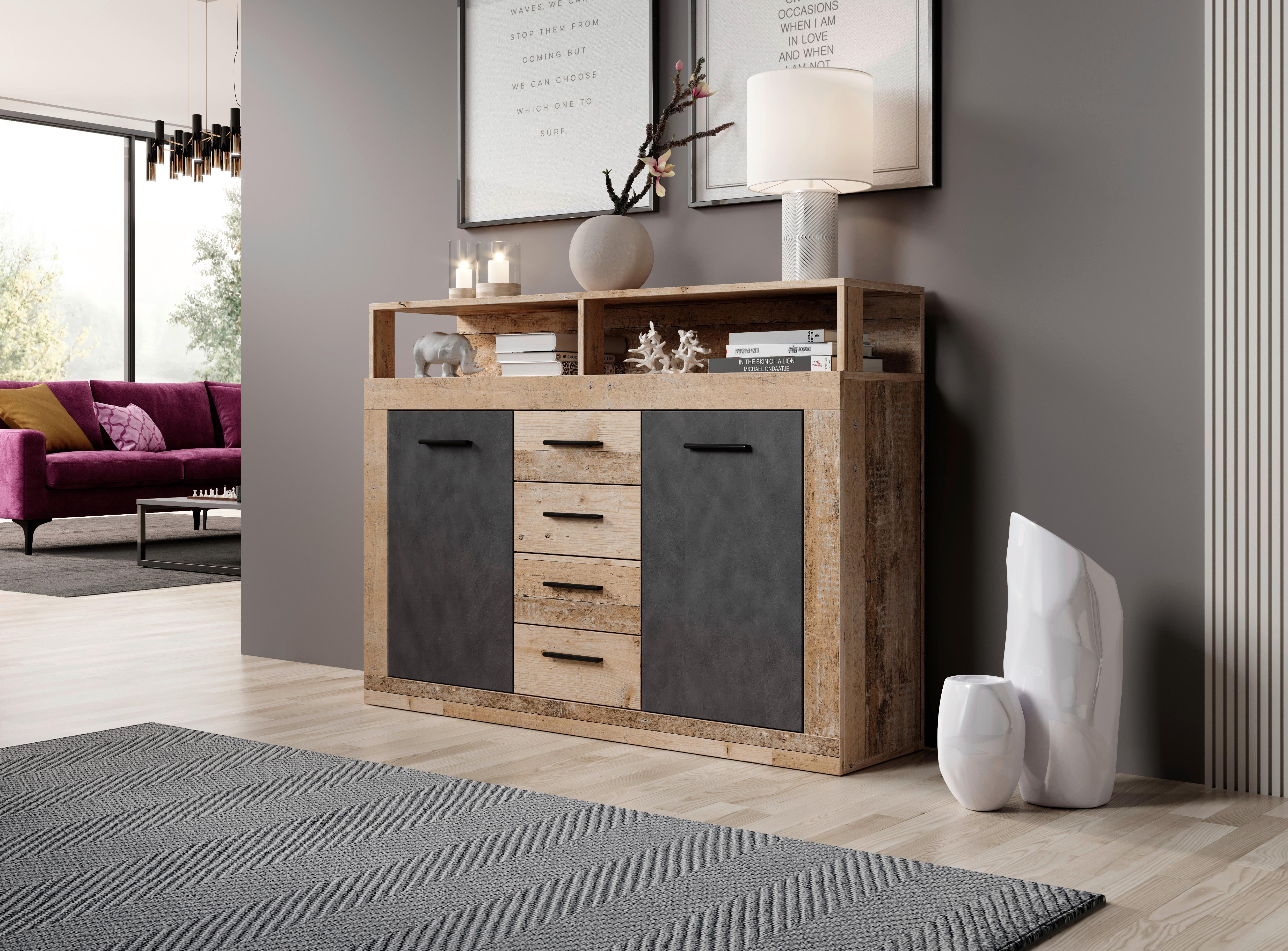 Kommode  119,5cm Luna B Anthrazit Eiche Dekor - Eichefarben/Anthrazit, Design, Holzwerkstoff (119,5/96,8/32cm) - MID.YOU