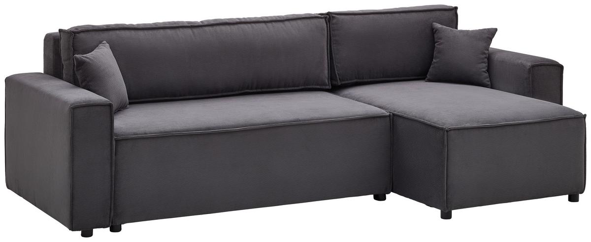 Ecksofa mit Schlaffunktion Mira Dunkelgrau Cord - Dunkelgrau/Schwarz, Basics, Textil (248/76/140cm) - Livetastic