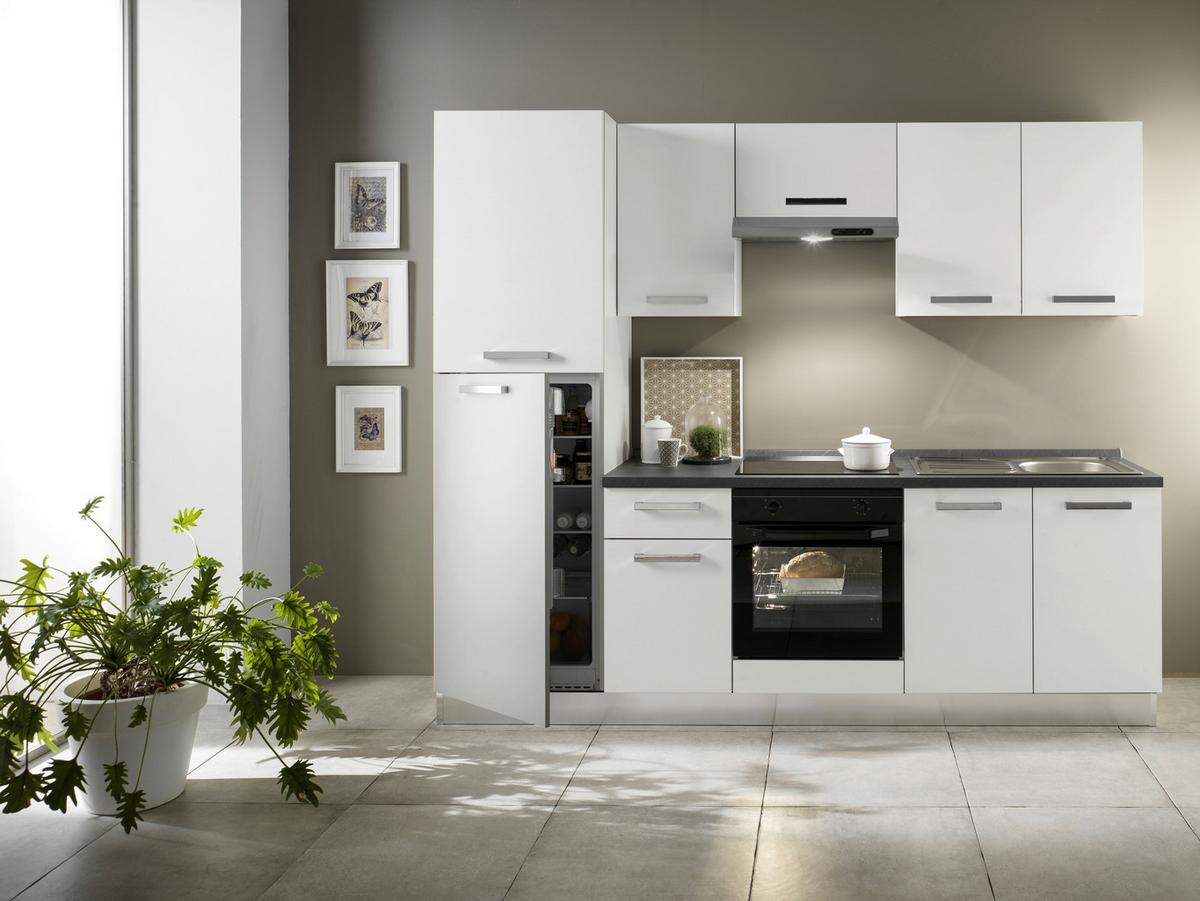 Küchenzeile Belluna M. Geräten 250 Cm Weiß/steingrau Dekor - Dunkelgrau/Alufarben, Basics, Holzwerkstoff/Kunststoff (250cm) - MID.YOU