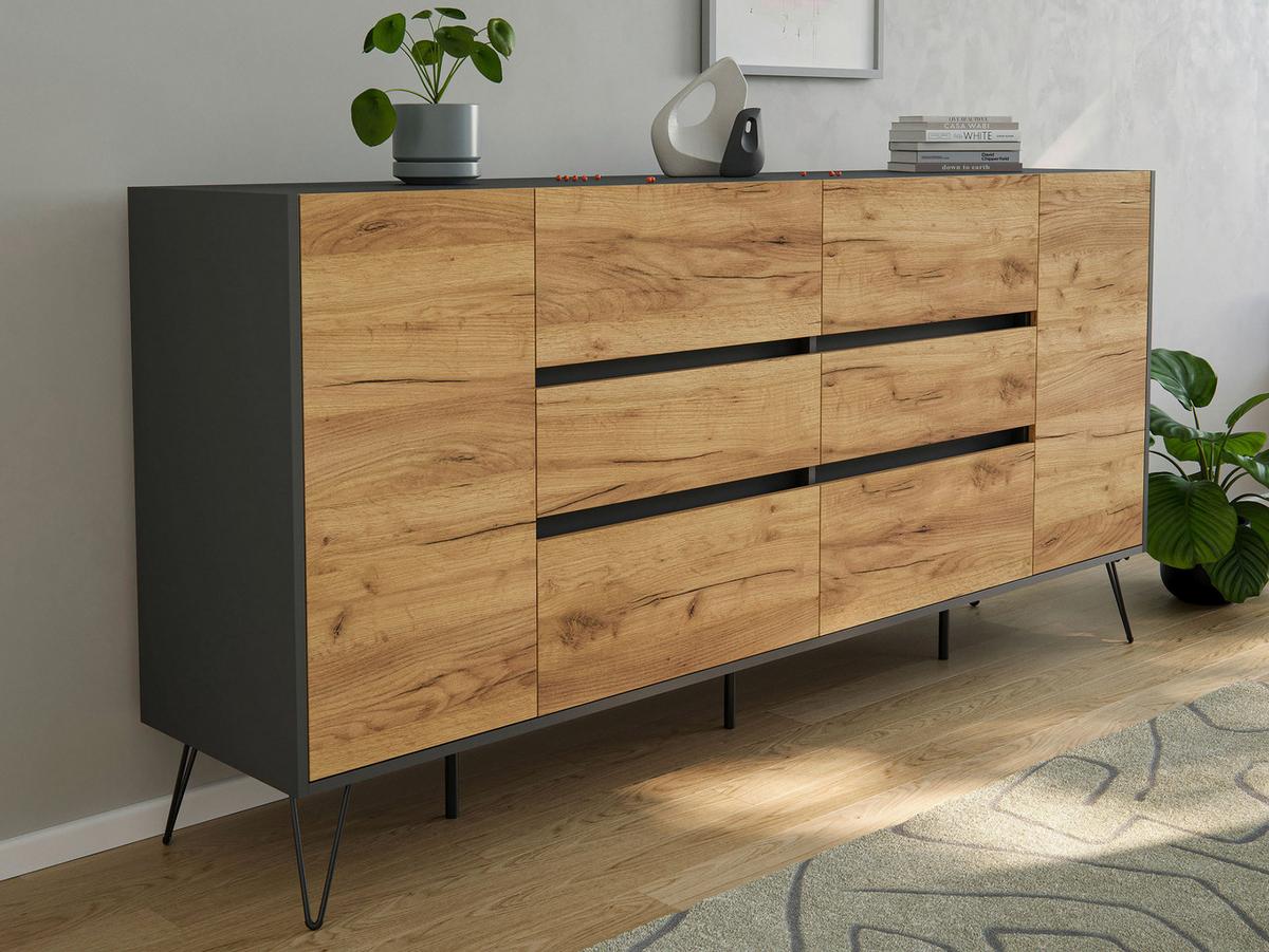 Sideboard Posseik Industrial Graphitfarben /eichef. B:199cm - Eichefarben/Schwarz, Design, Holzwerkstoff (199/93,6/42cm) - P & B