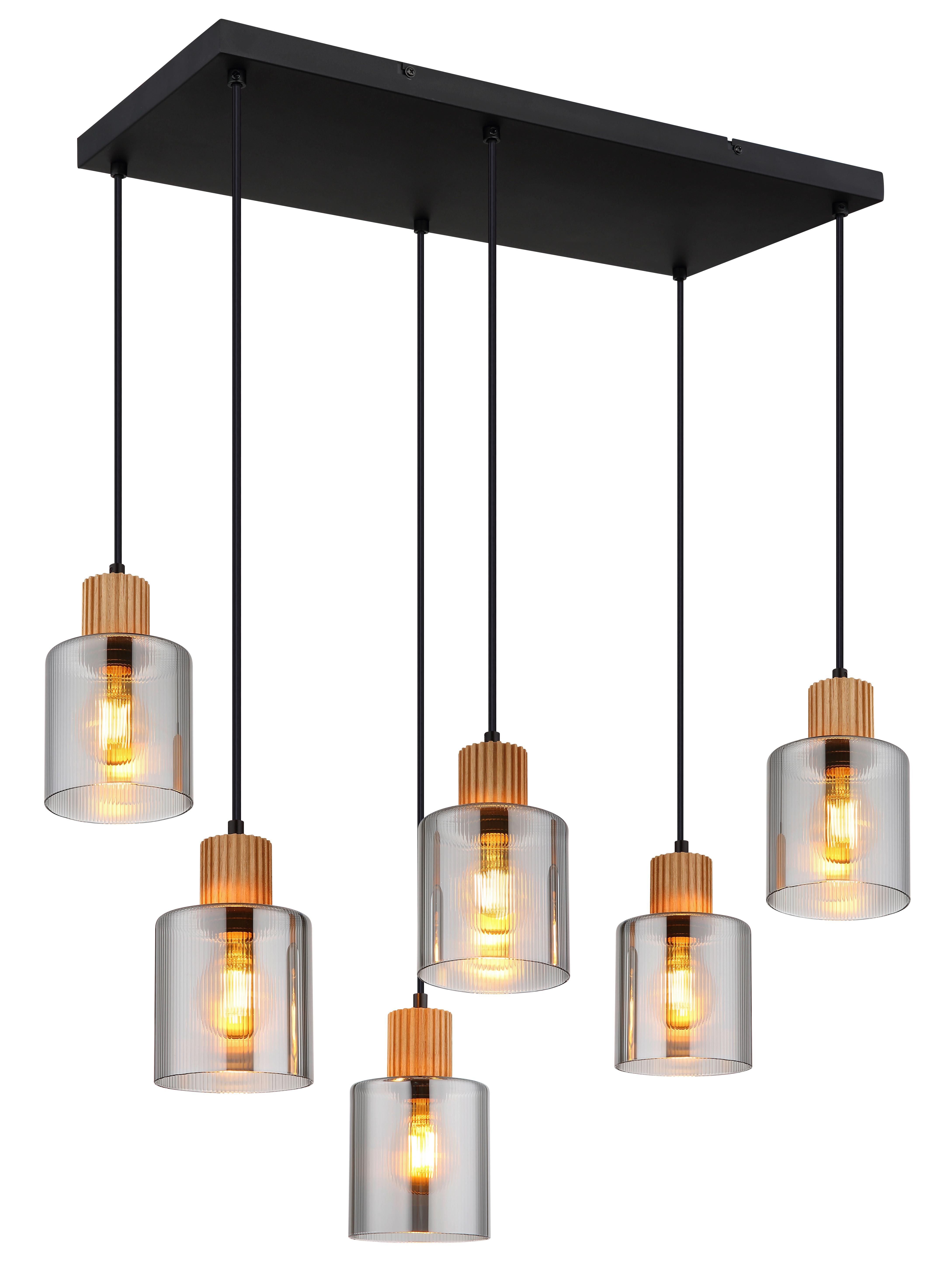 Hängeleuchte 15768-6 - Dunkelbraun/Schwarz, Natur, Glas/Holz (67/33/120cm) - Globo