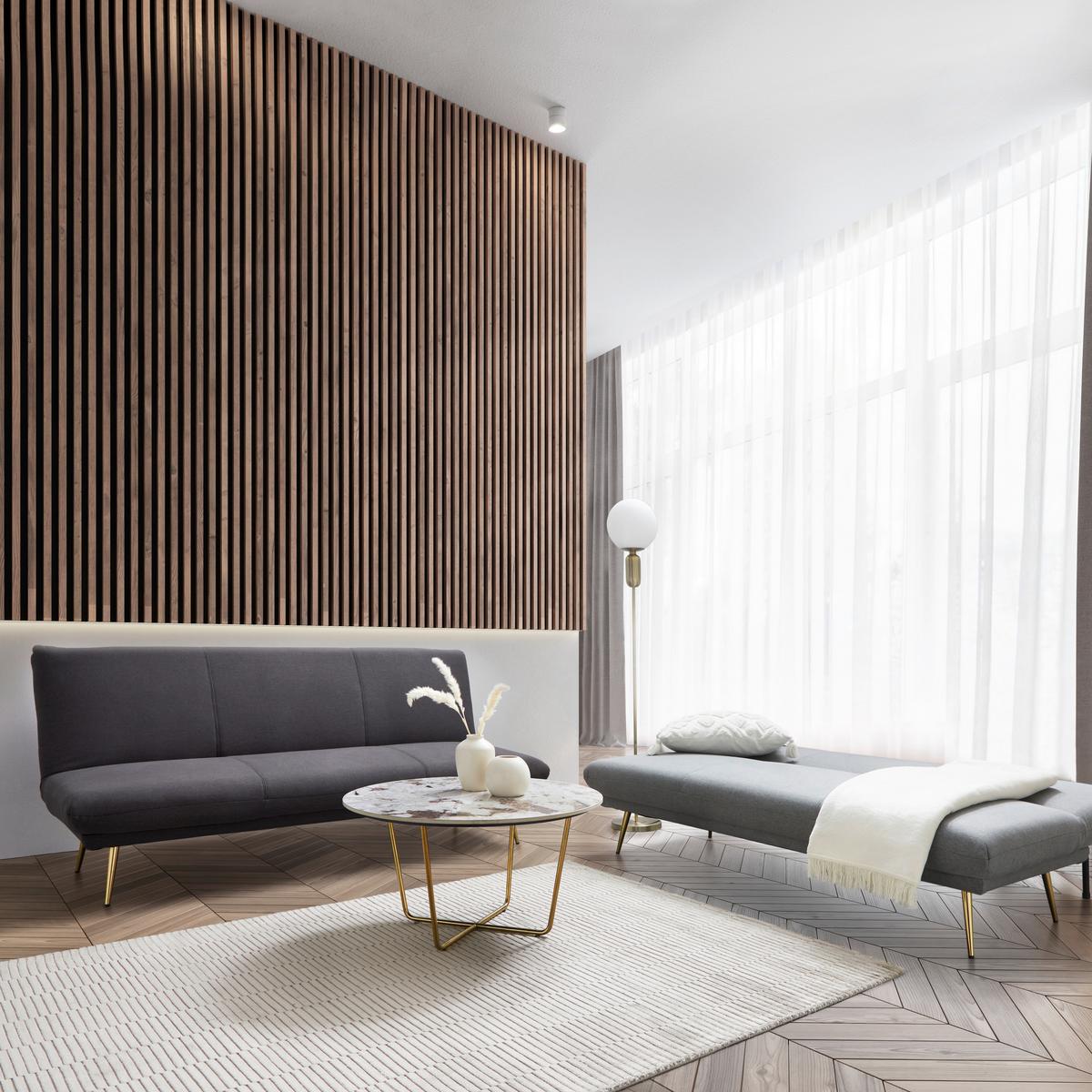 Rozkládací pohovka BEN tmavě šedá - tmavě šedá/barvy zlata, Moderní, kov/dřevo (186/82/85cm) - Bessagi Home