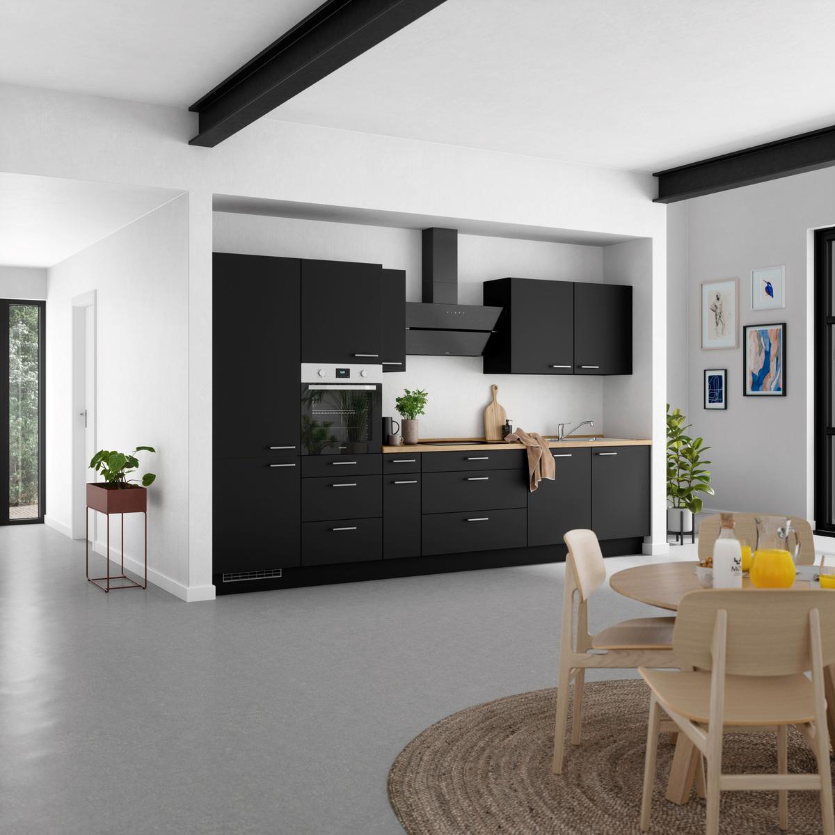 Kuchyňská linka 360 cm, černá matná/ barva dub - černá/barvy dubu, Moderní, kov/kompozitní dřevo (360cm) - Nobilia