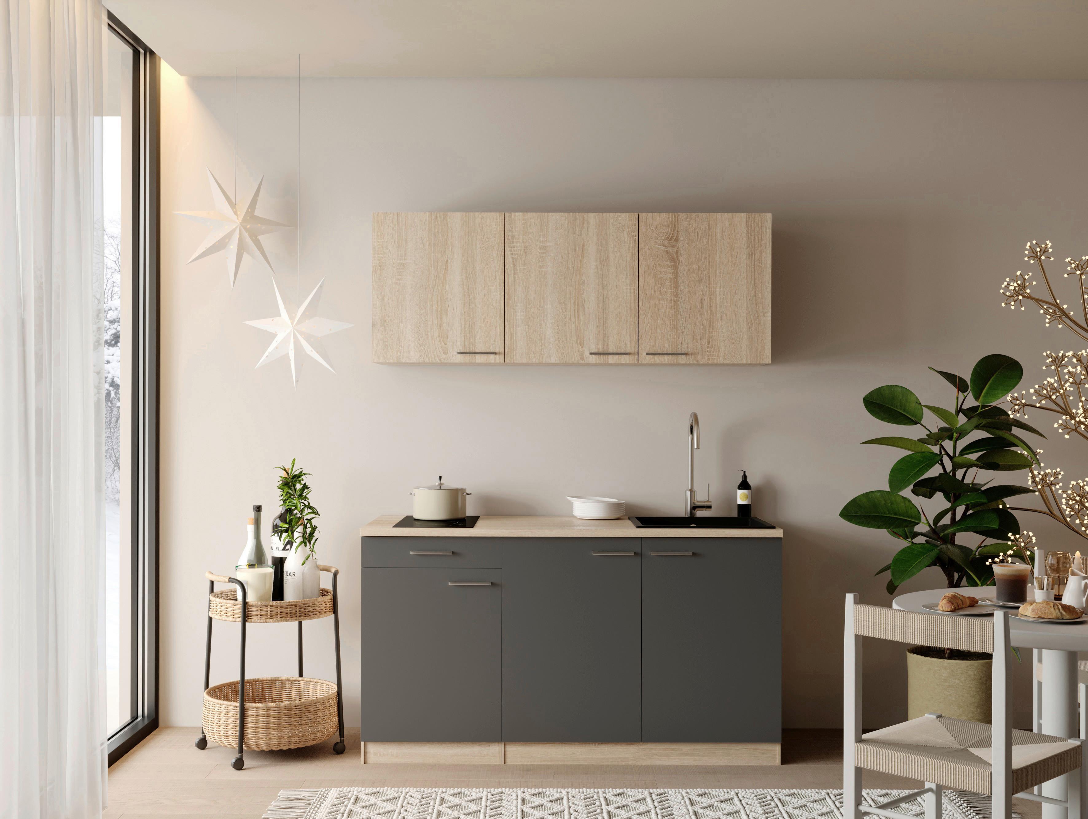 MINIKÜCHE Ingrid, Grau B: 150 cm - Eichefarben/Grau, Design, Holzwerkstoff (150cm) - Respekta
