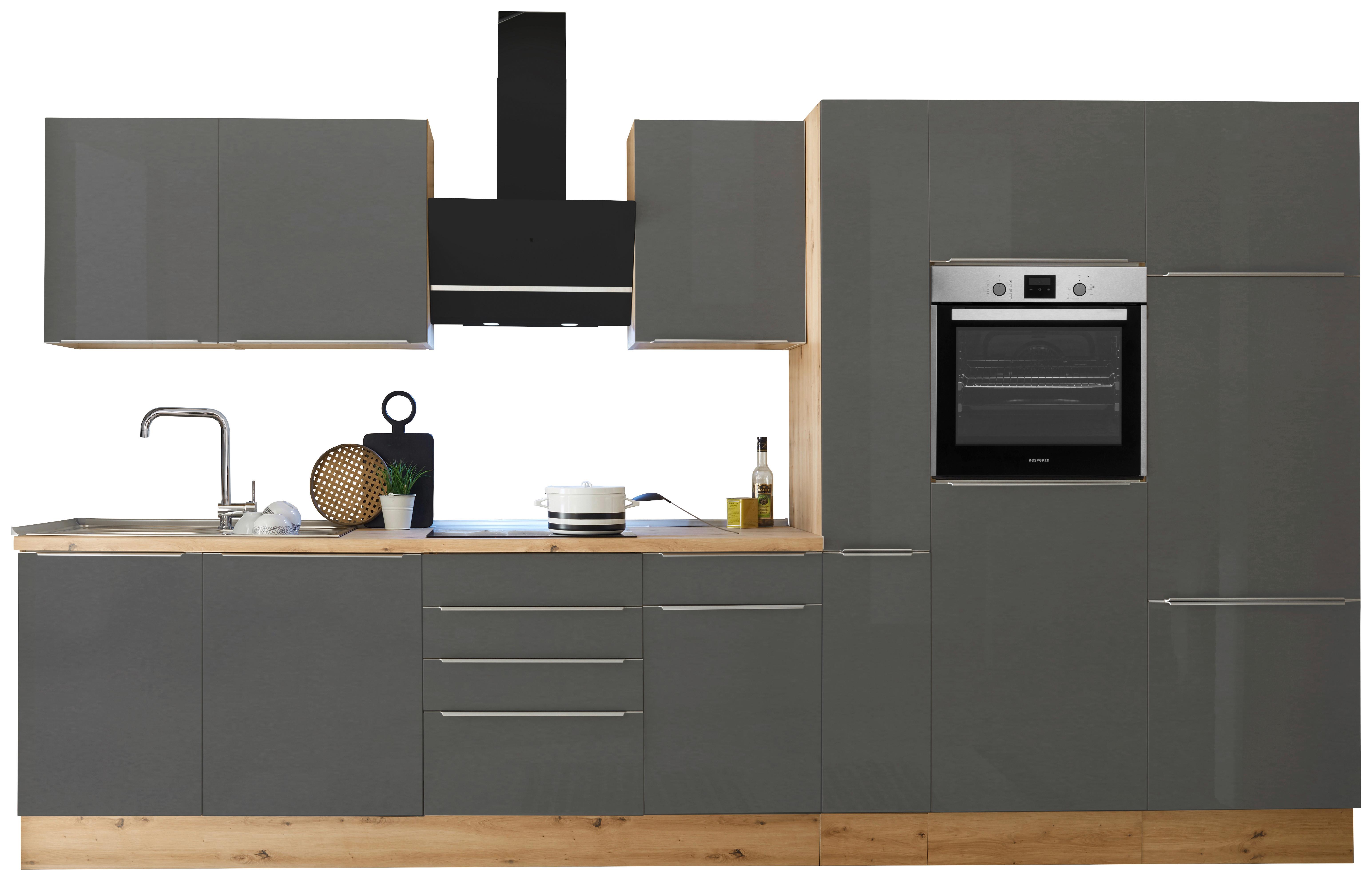 Küchenzeile mit Geräten B: 370 cm Grau/Eiche Dekor - Anthrazit/Eiche Artisan, LIFESTYLE, Holzwerkstoff (370cm) - Respekta