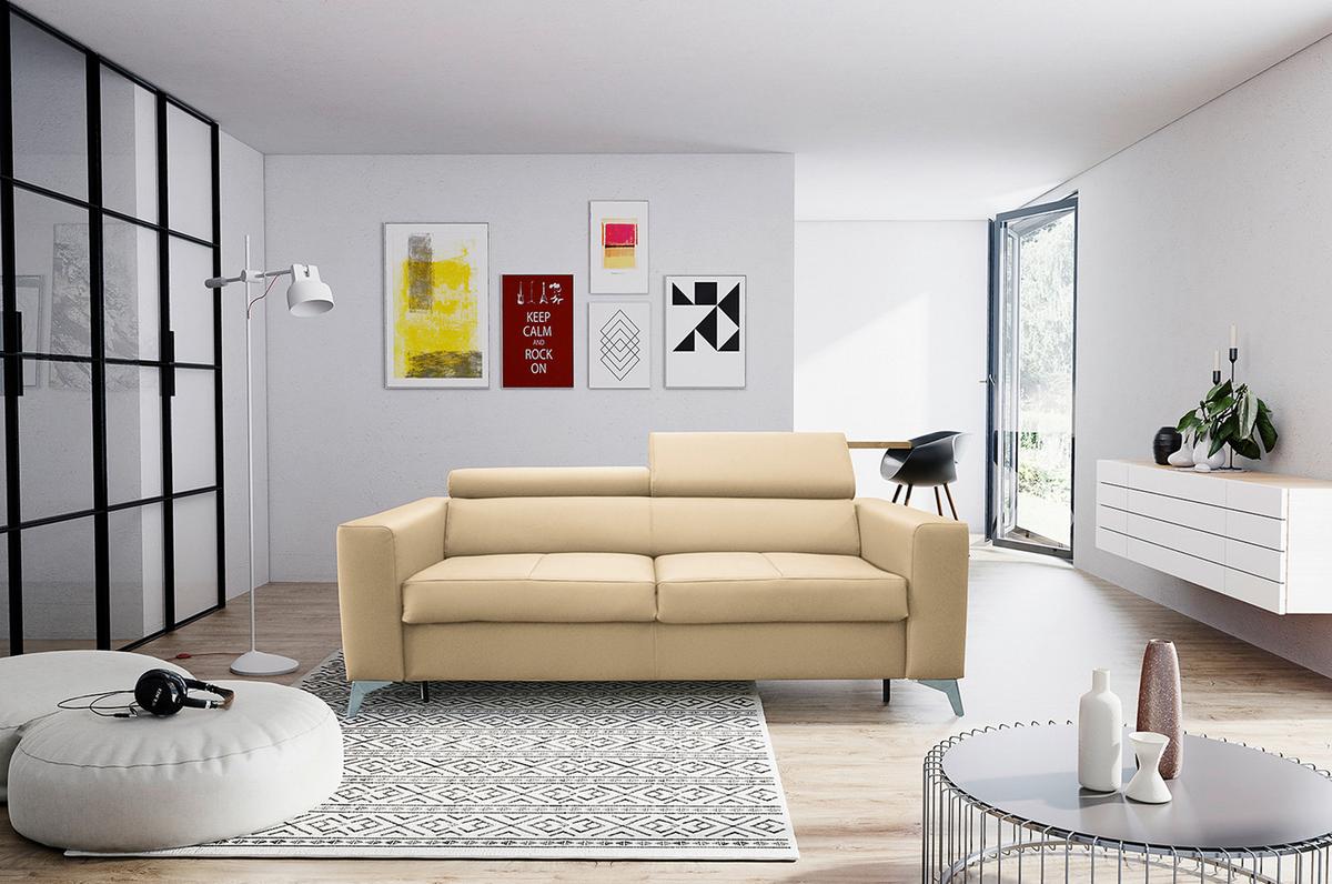 Schlafsofa Mondo, Beige B: 206 cm - Beige/Silberfarben, Design, Leder/Textil (206/95/101cm) - Livetastic