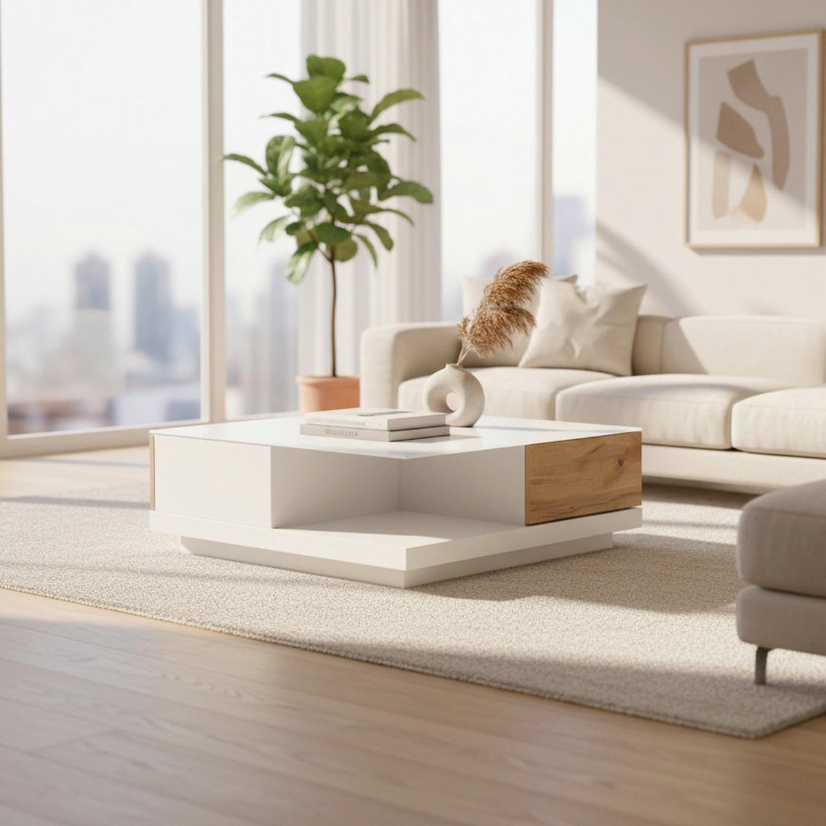 Konferenční stolek NEVIO bílá/dekor dub - bílá/barvy dubu, Moderní, sklo (85/85/30cm) - Bessagi Home