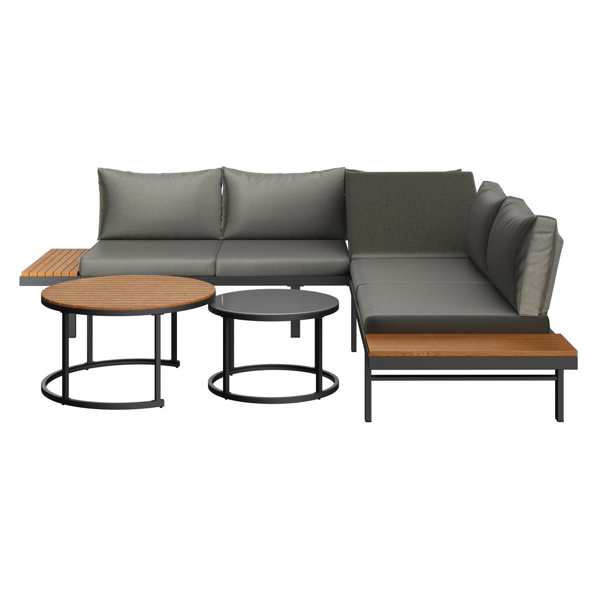 Loungegarnitur 4-Tlg. Zürich Holz/Metall/Glas mit Kissen - Naturfarben/Grau, MODERN, Glas/Holz (261/261cm) - Beldano