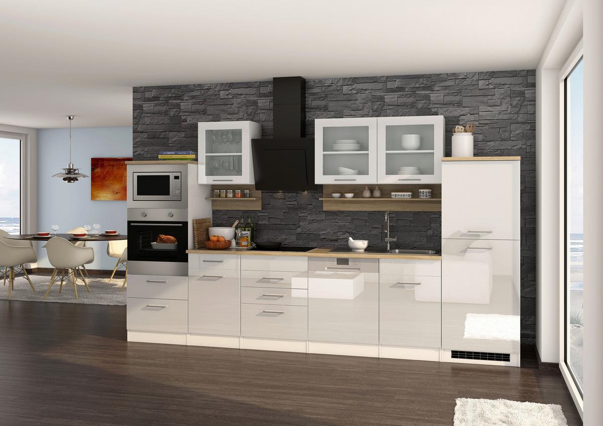 Küchenzeile Mailand M. Geräten 340 Cm Weiß Elegant - Eichefarben/Weiß Hochglanz, MODERN, Holzwerkstoff (340cm) - Held