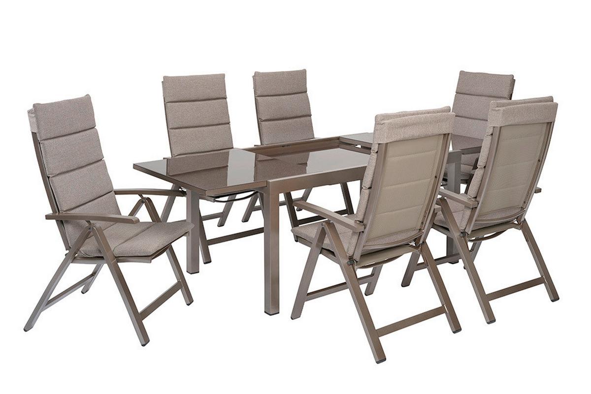 Gartentischgruppe Tinetto 7--Teilig. Aus Aluminium +auflagen - Taupe/Braun, KONVENTIONELL, Glas/Textil - Gardenson