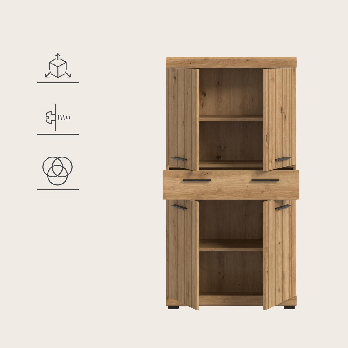 Midischrank Scout Eiche Artisan Dekor B: 74cm - Schwarz/Eiche Artisan, Trend, Holzwerkstoff (74/141/31cm) - MID.YOU