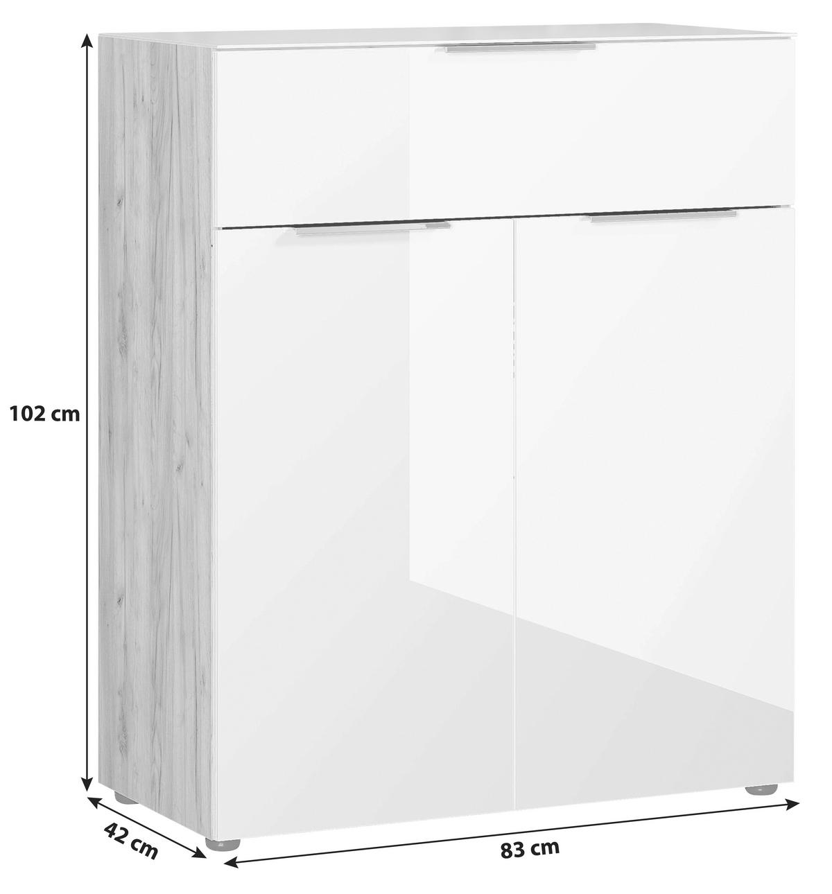 Kommode mit Glasfront B: 83 cm GW-Oakland, Weiß/Eiche Dekor - Eichefarben/Schwarz, KONVENTIONELL, Glas/Holzwerkstoff (83/102/42cm) - Germania