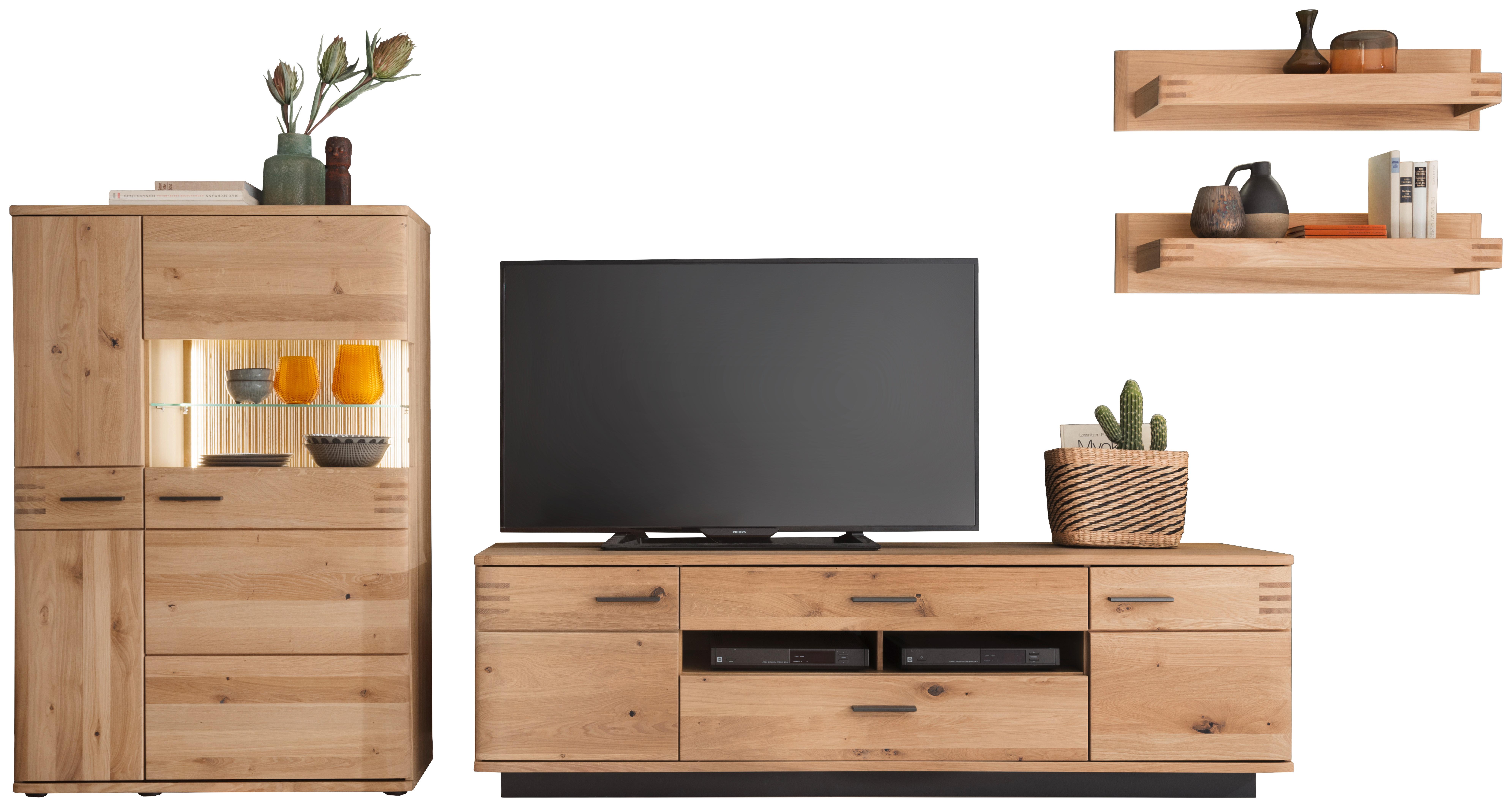 Wohnkombination teilmassiv 4--Teilig. Salvador Eichefarben - Eichefarben/Schwarz, Design, Glas/Holz (340/167/50cm) - Livetastic