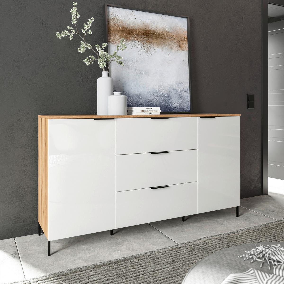 Sideboard Austin 160 cm Eichefarben/Glasfront Weiss - Eichefarben/Schwarz, Trend, Glas/Holzwerkstoff (160/89/40cm)