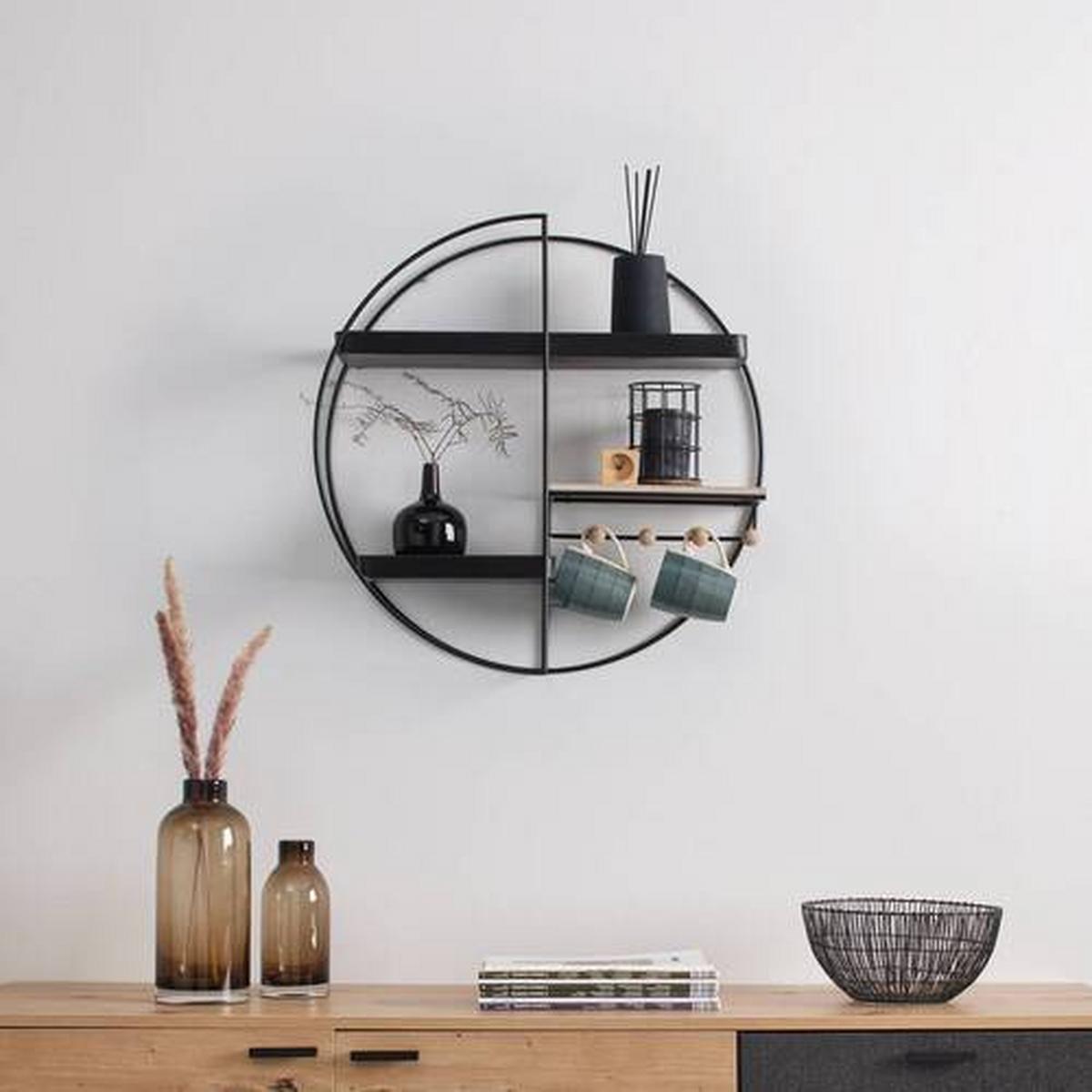 Nástěnný regál LELIA - černá/přírodní barvy, Moderní, kov/dřevo (60/60/16,5cm) - Bessagi Home
