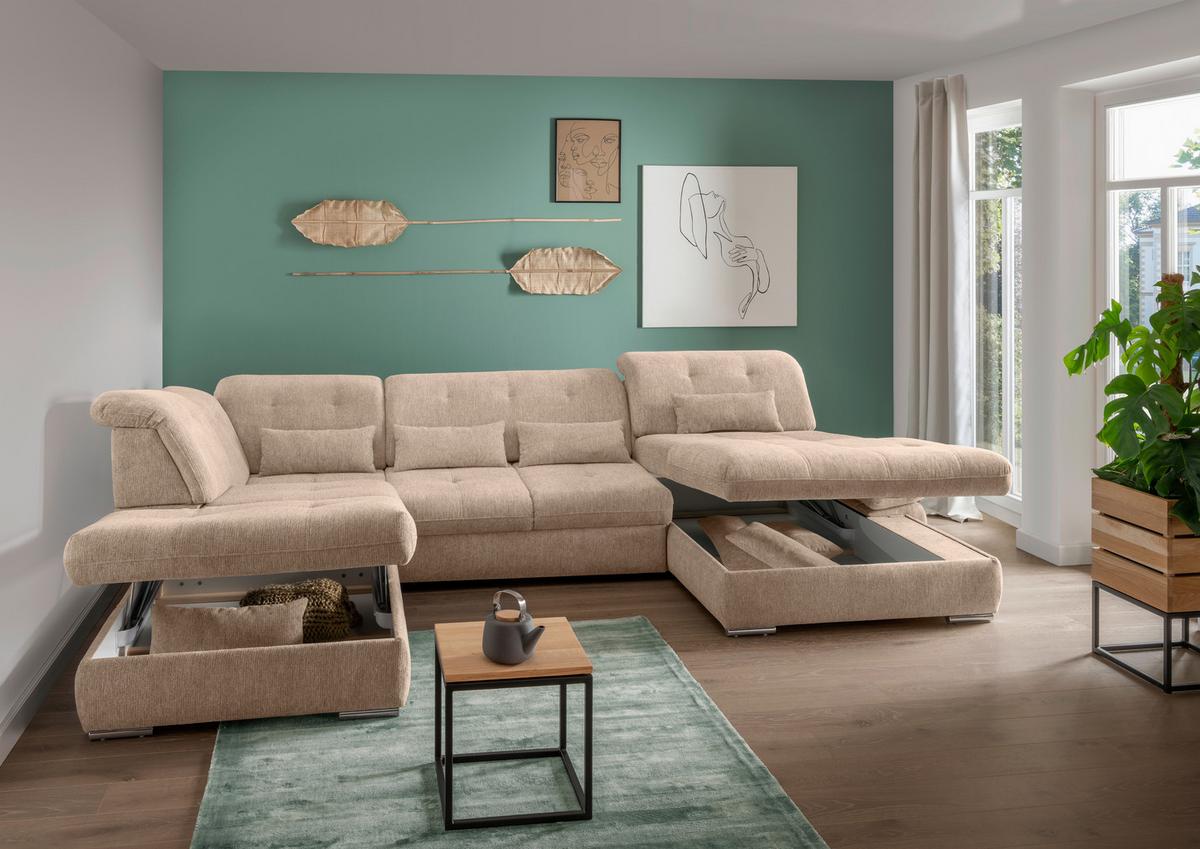 Wohnlandschaft Dalida Hellbraun U: 254x376x195 Cm - Chromfarben/Hellbraun, MODERN, Textil (254/376/195cm) - Livetastic