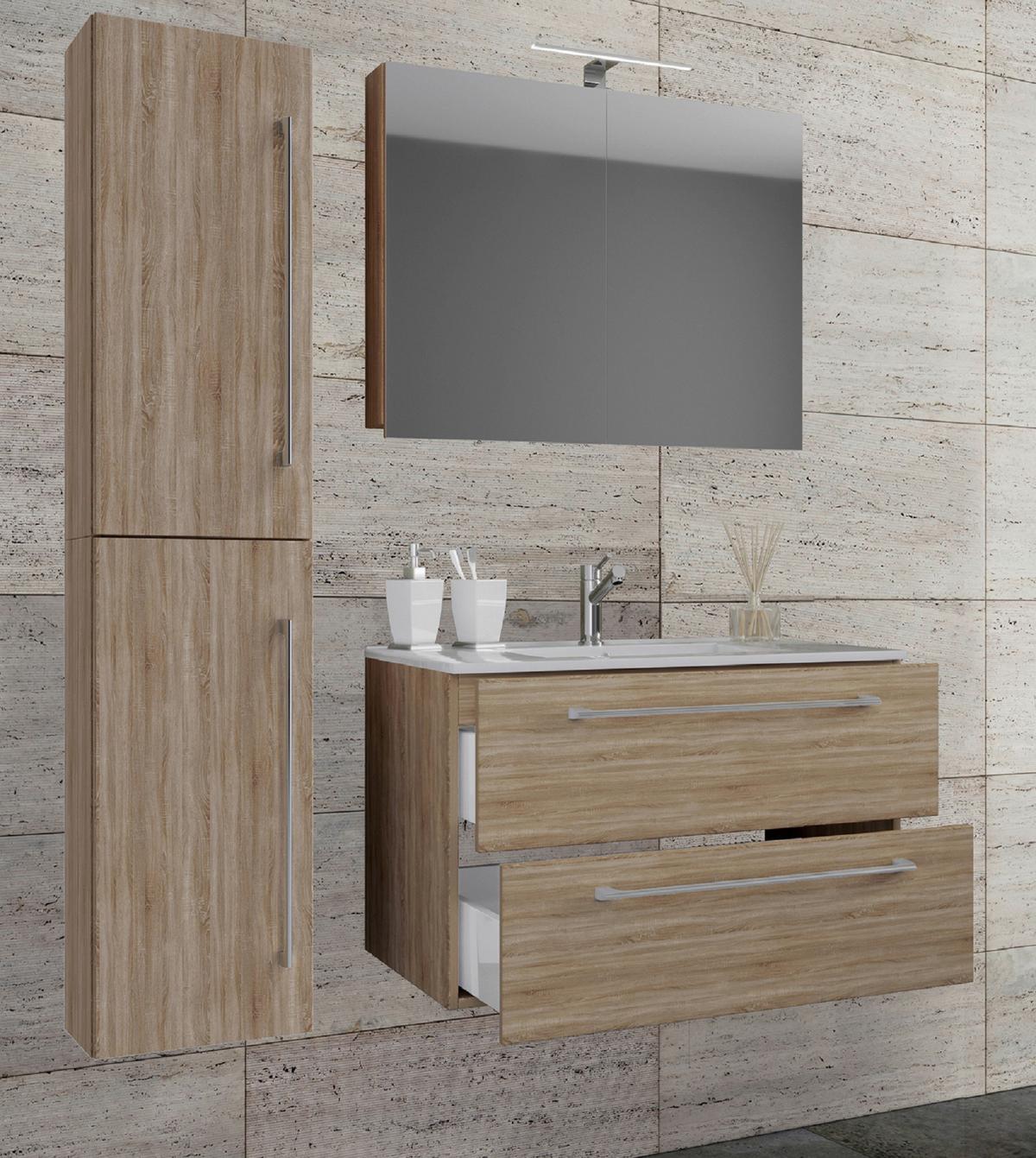 Badezimmer Badinos 4-Teilig Sonoma Eiche B: 61 cm - Weiß/Sonoma Eiche, MODERN, Keramik/Holzwerkstoff (93cm) - MID.YOU