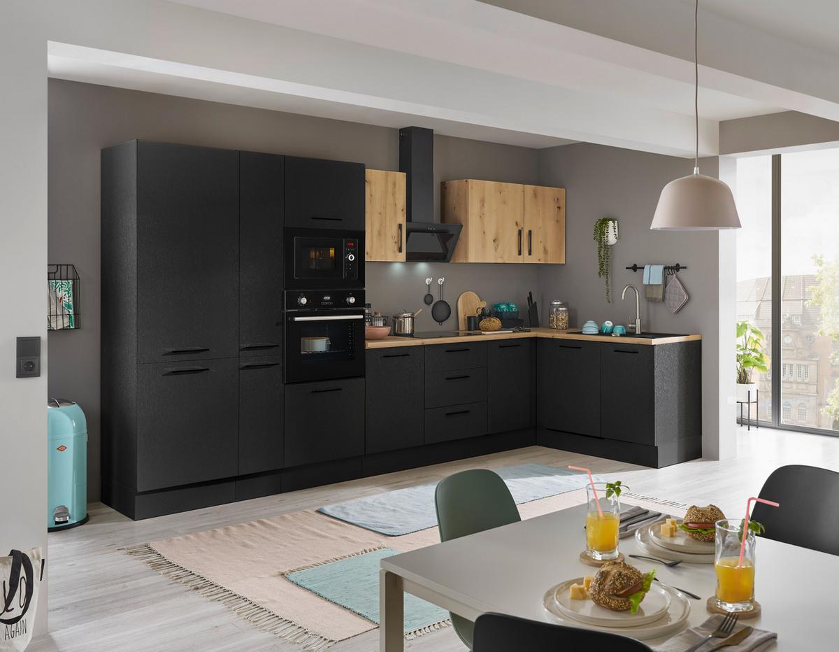 Eckküche Turin Schwarz/eiche Dekor 370x175 Cm - Schwarz/Eiche Artisan, Basics, Holzwerkstoff (370/175cm) - MID.YOU