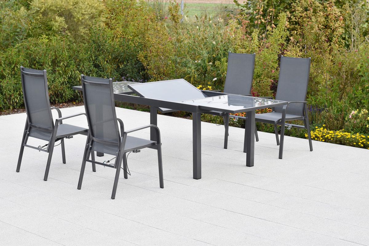 Gartentischgruppe Alassio 5--Teilig. Aus Aluminium - Graphitfarben/Grau, KONVENTIONELL, Glas/Textil - Gardenson