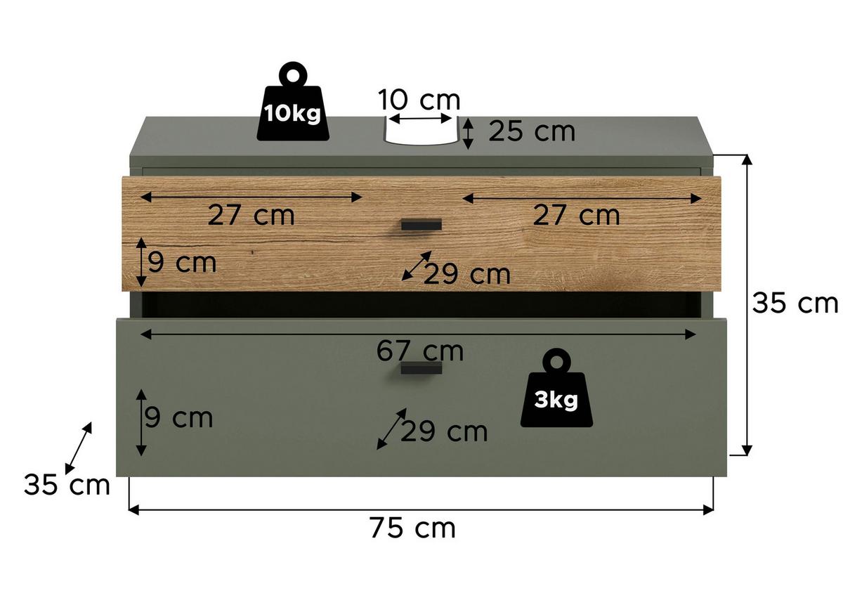 Waschbeckenunterschrank Aqua Grün/Eichefarben B: 75cm - Eichefarben/Grün, Trend, Holzwerkstoff (75/35/35cm) - MID.YOU