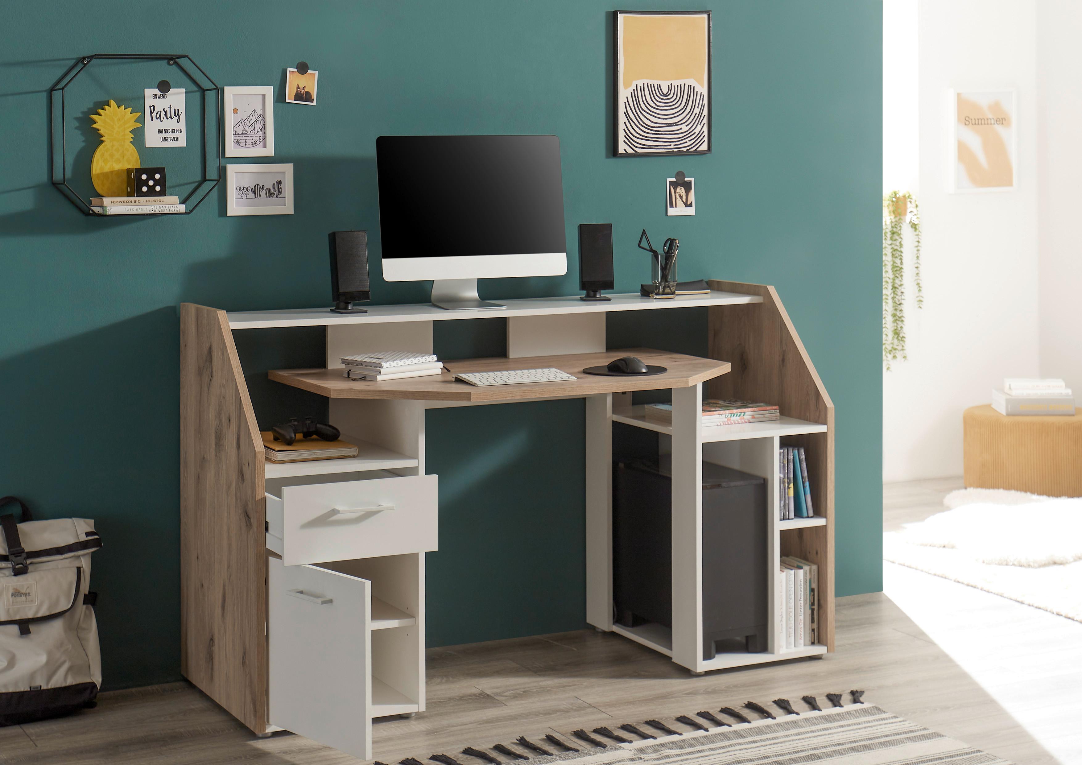 Gamingtisch Alex - Eichefarben/Weiß, KONVENTIONELL, Holzwerkstoff/Kunststoff (160/95/67cm)