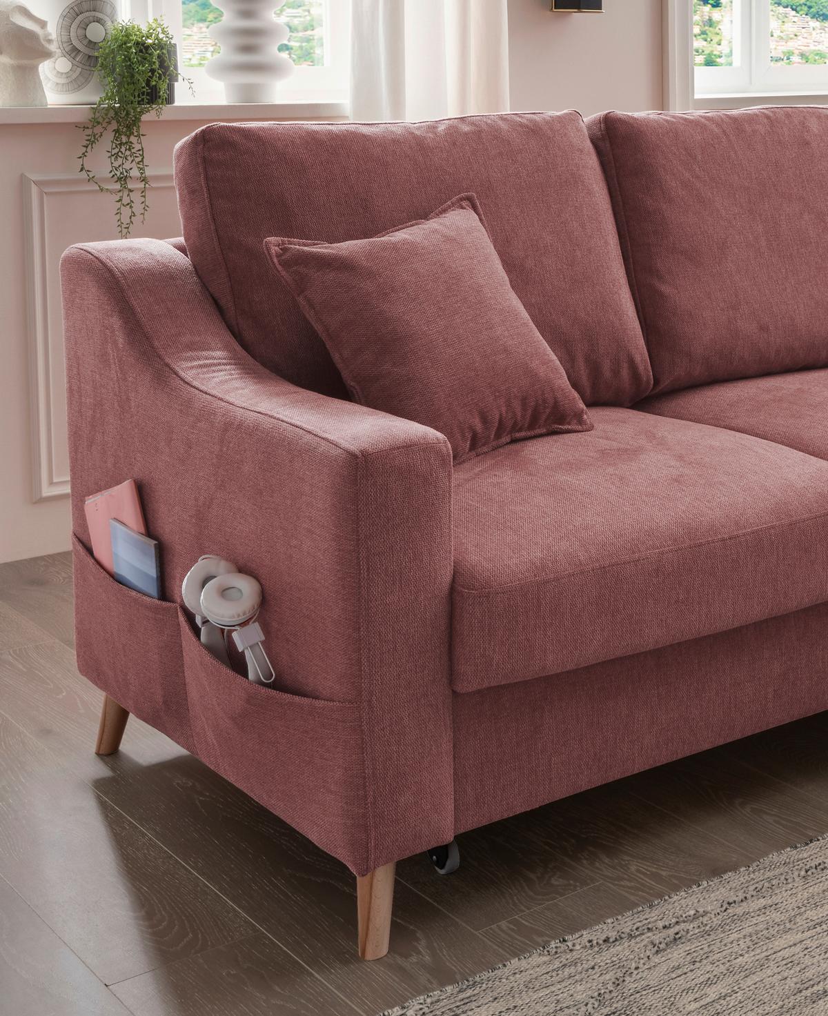 Ecksofa mit Schlaffunktion Valentina mit Kissen Rosa - Rosa/Naturfarben, KONVENTIONELL, Textil (228/150cm) - P & B