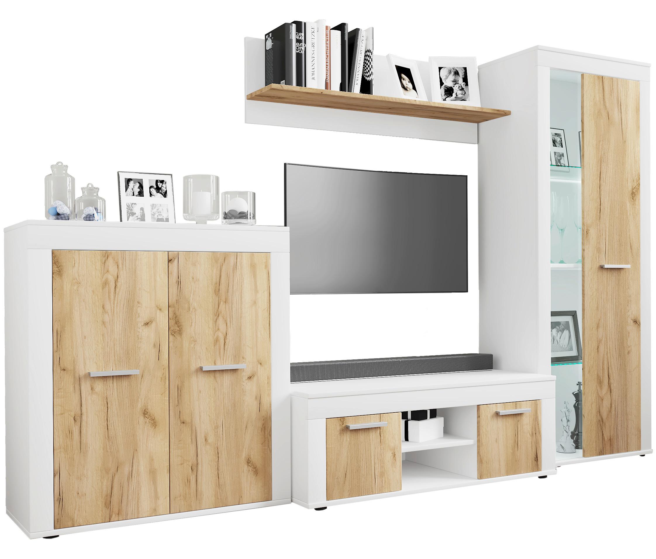 Wohnwand Usilo Weiß Honigeiche Dekor - Honigeiche/Schwarz, Design, Glas/Holzwerkstoff (242/159/37cm) - MID.YOU