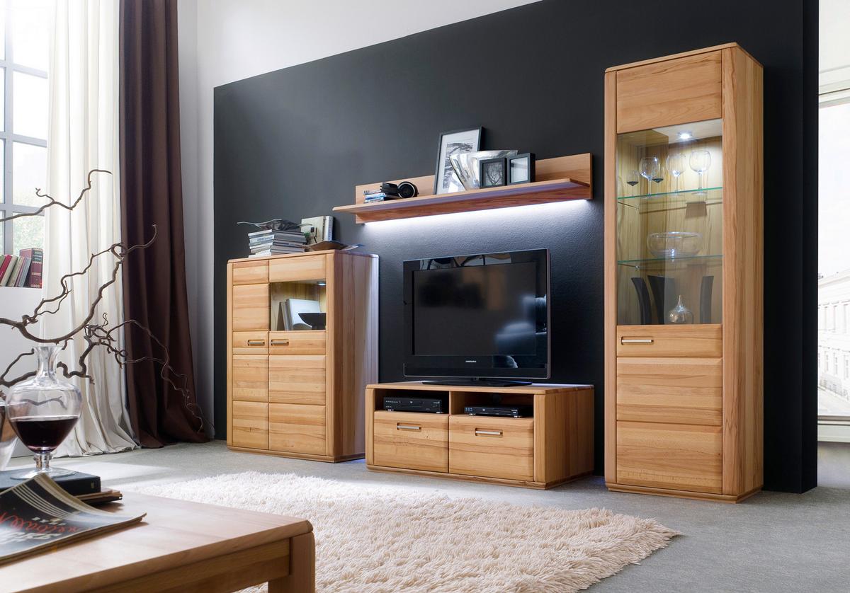 Wohnkombination teilmassiv 4--teilig. Sena Buchefarben - Buchefarben, Design, Glas/Holz (319/209/51cm) - Livetastic