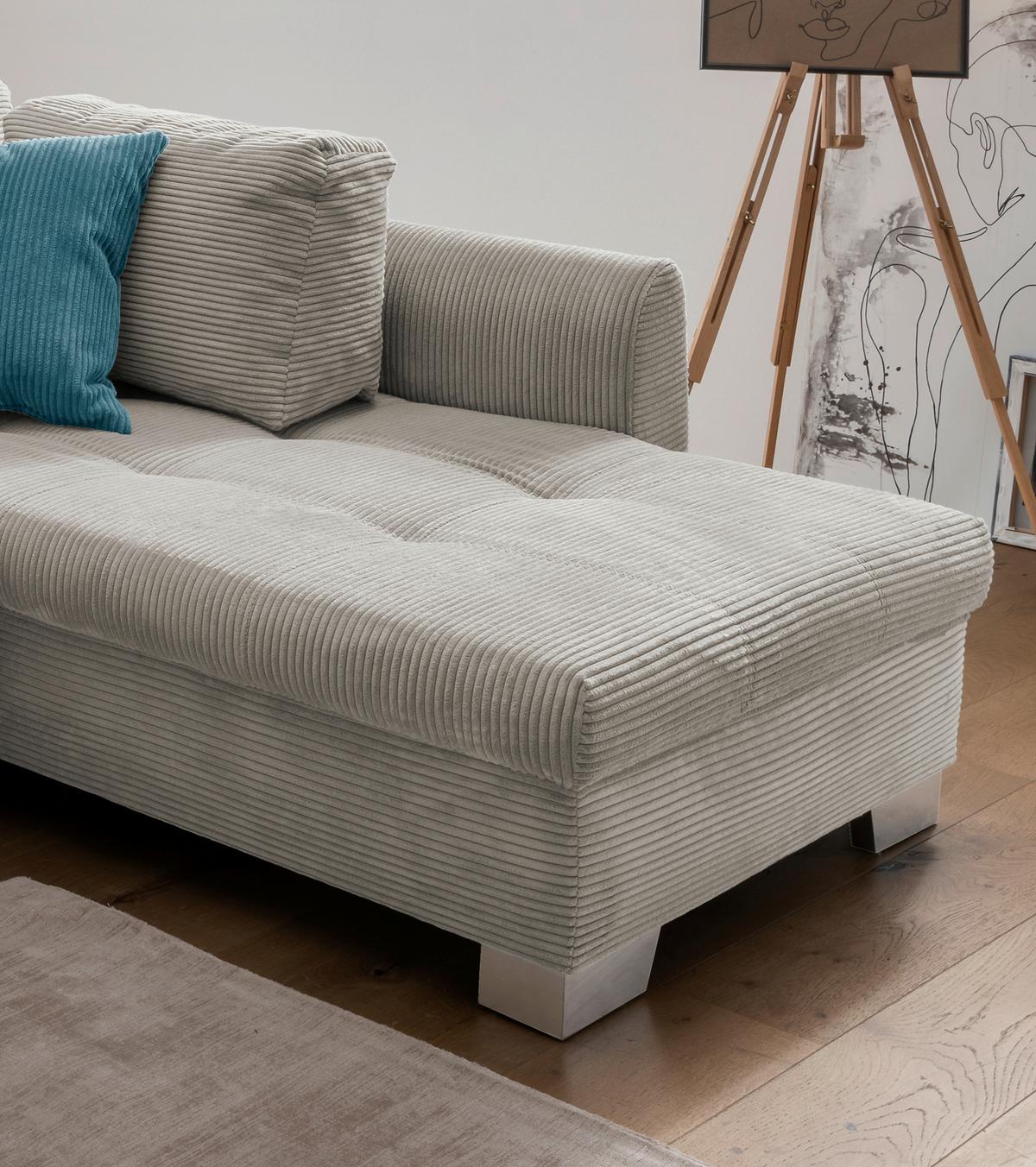 Ecksofa mit Schlaffunktion Flora Silberfarben Cord - Silberfarben/Petrol, Design, Textil (250/190cm) - MID.YOU