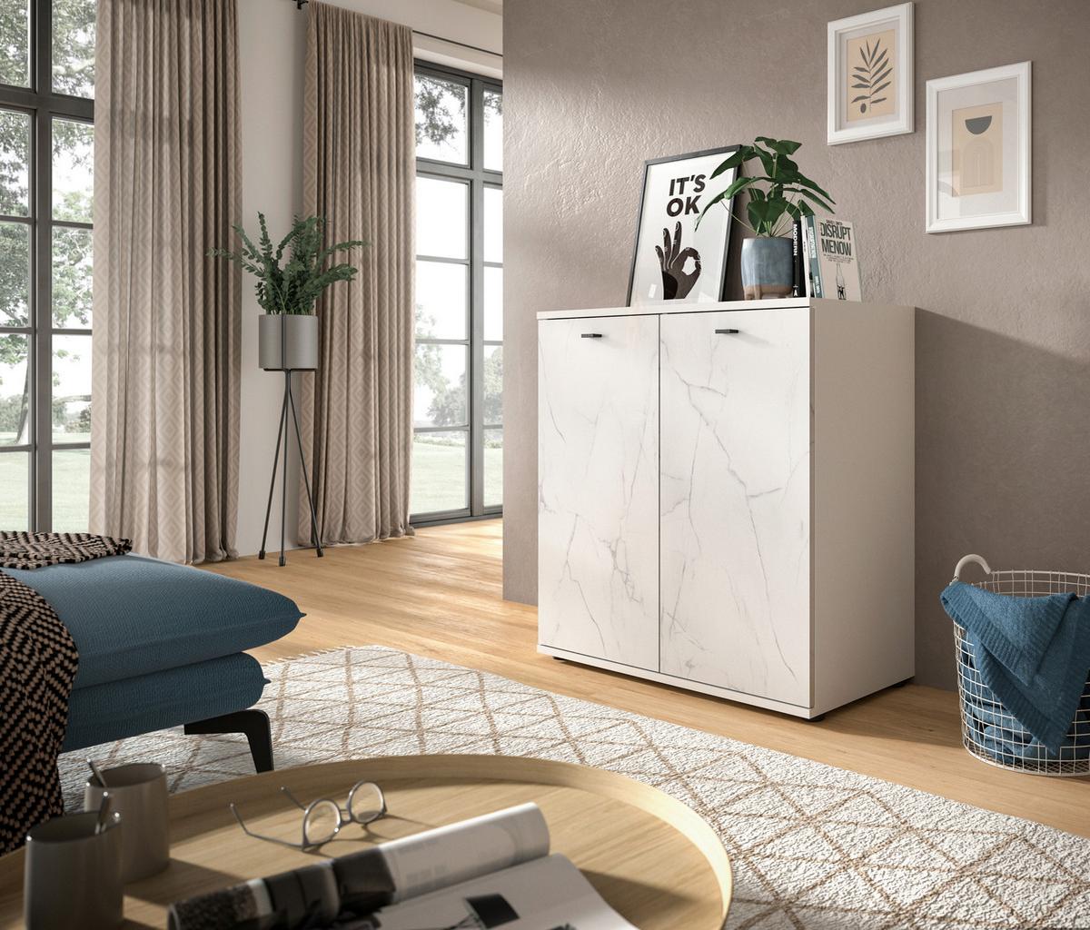 Kommode Stone Weiß B: 86 cm - Schwarz/Weiß, Design, Holzwerkstoff (86/87/40cm) - MID.YOU