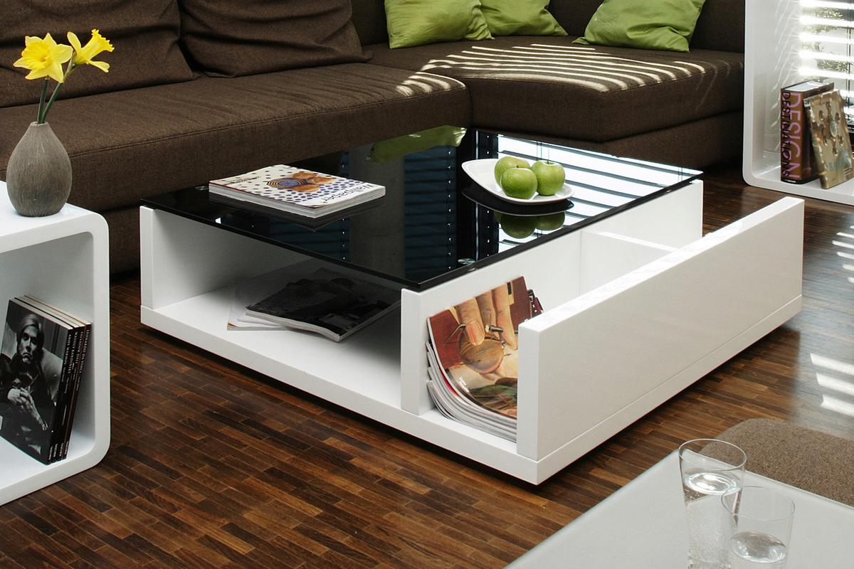 Couchtisch Schwarz/weiß Hochglanz L:100cm - Weiß Hochglanz/Schwarz, Design, Glas/Holzwerkstoff (100/100/30cm) - Livetastic