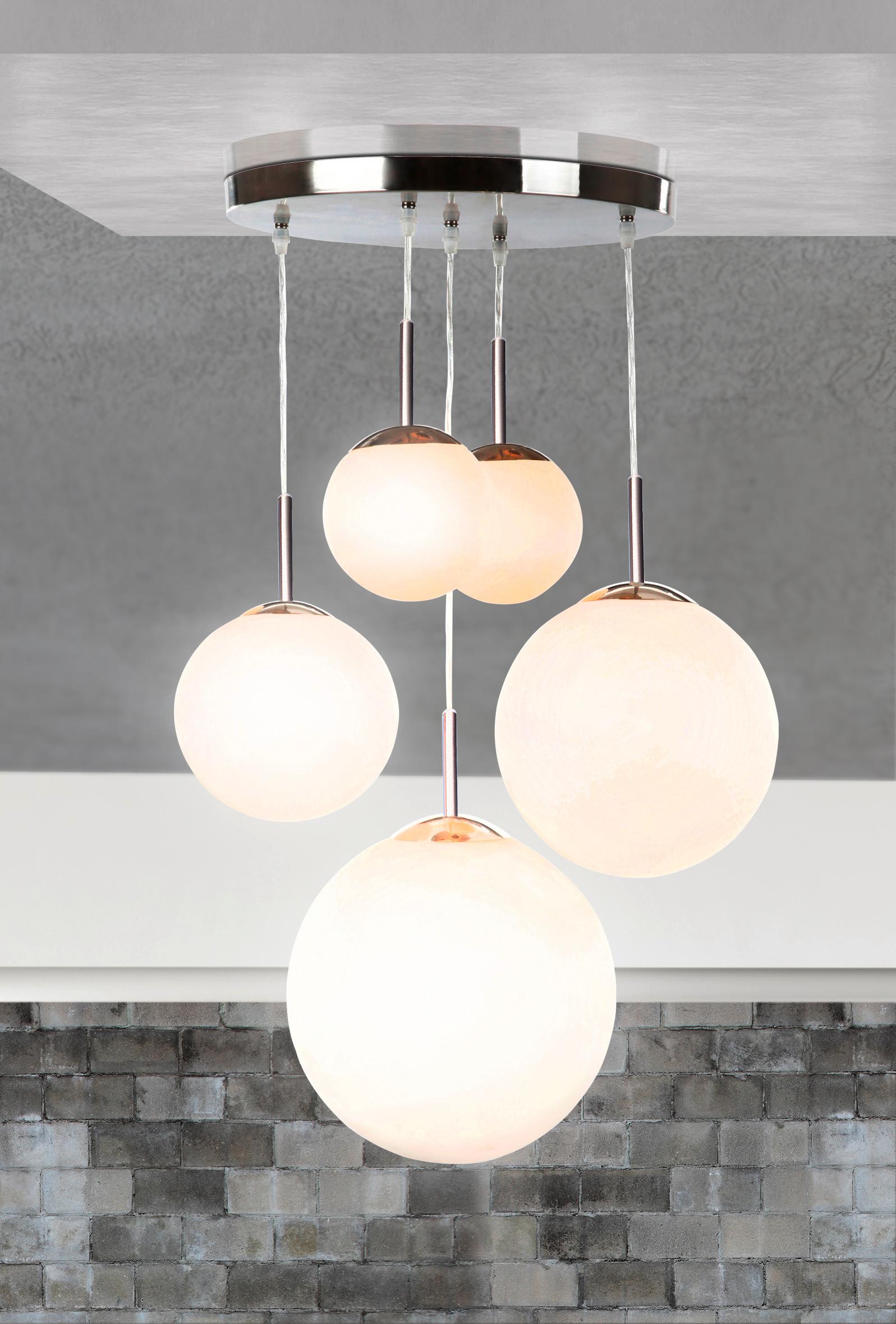 Hängeleuchte Balla H: 90 cm 5-Flammig, mit Opalglas-Kugeln - Opal/Nickelfarben, Basics, Glas/Metall (50/90cm) - Globo