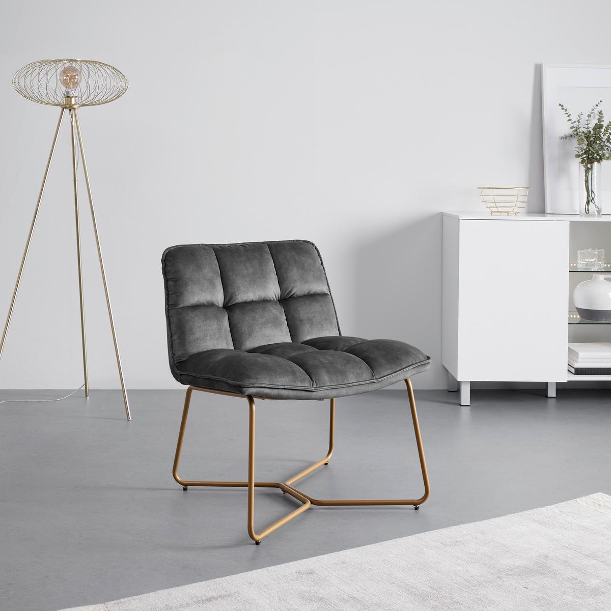 Křeslo ze sametu Rina - šedé - šedá/barvy zlata, Moderní, kov/dřevo (67/76,5/69,5cm) - Bessagi Home