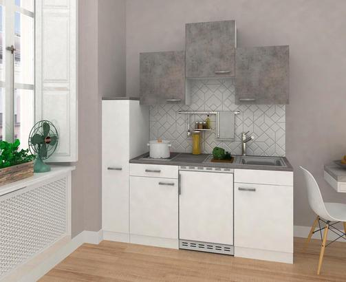 Kompakter Küchenblock in Weiß und Betonoptik Kompakter Küchenblock in Weiß und Betonoptik