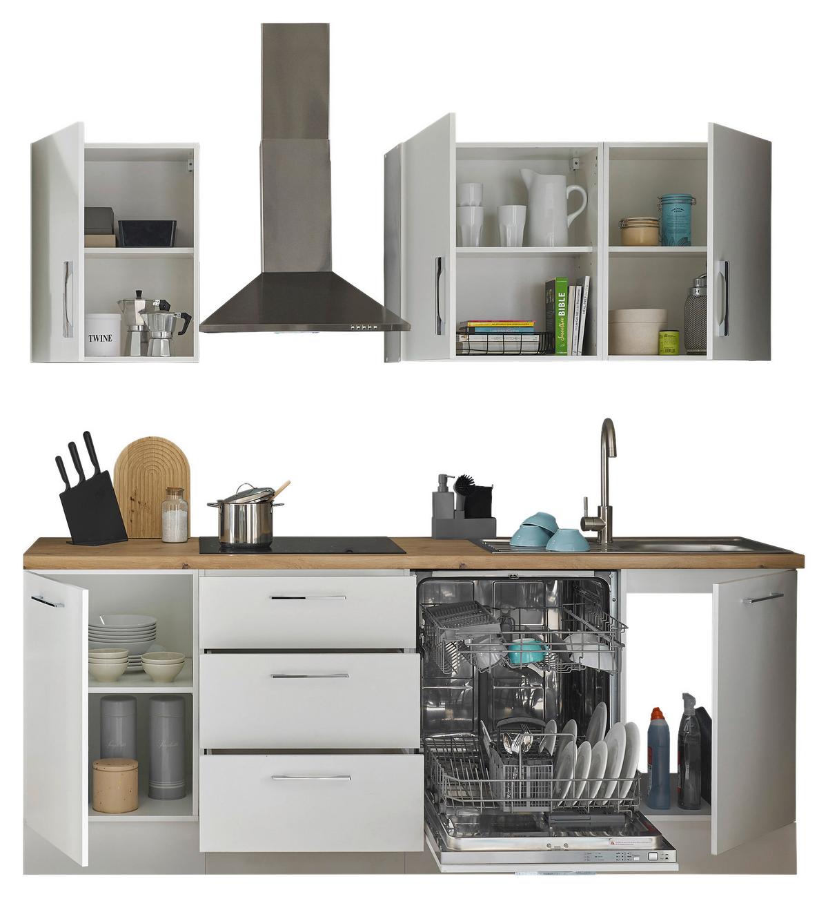 Kuchyňský blok Turin 220 cm bílá/ dekor dub Artisan - bílá/černá, Moderní, kov/kompozitní dřevo (220cm)
