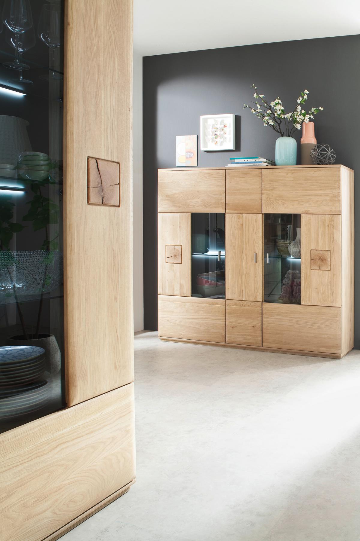 Highboard teilmassiv B: 150 cm Bologna Eichefarben - Eichefarben, Design, Glas/Holz (150/141/38cm) - Livetastic