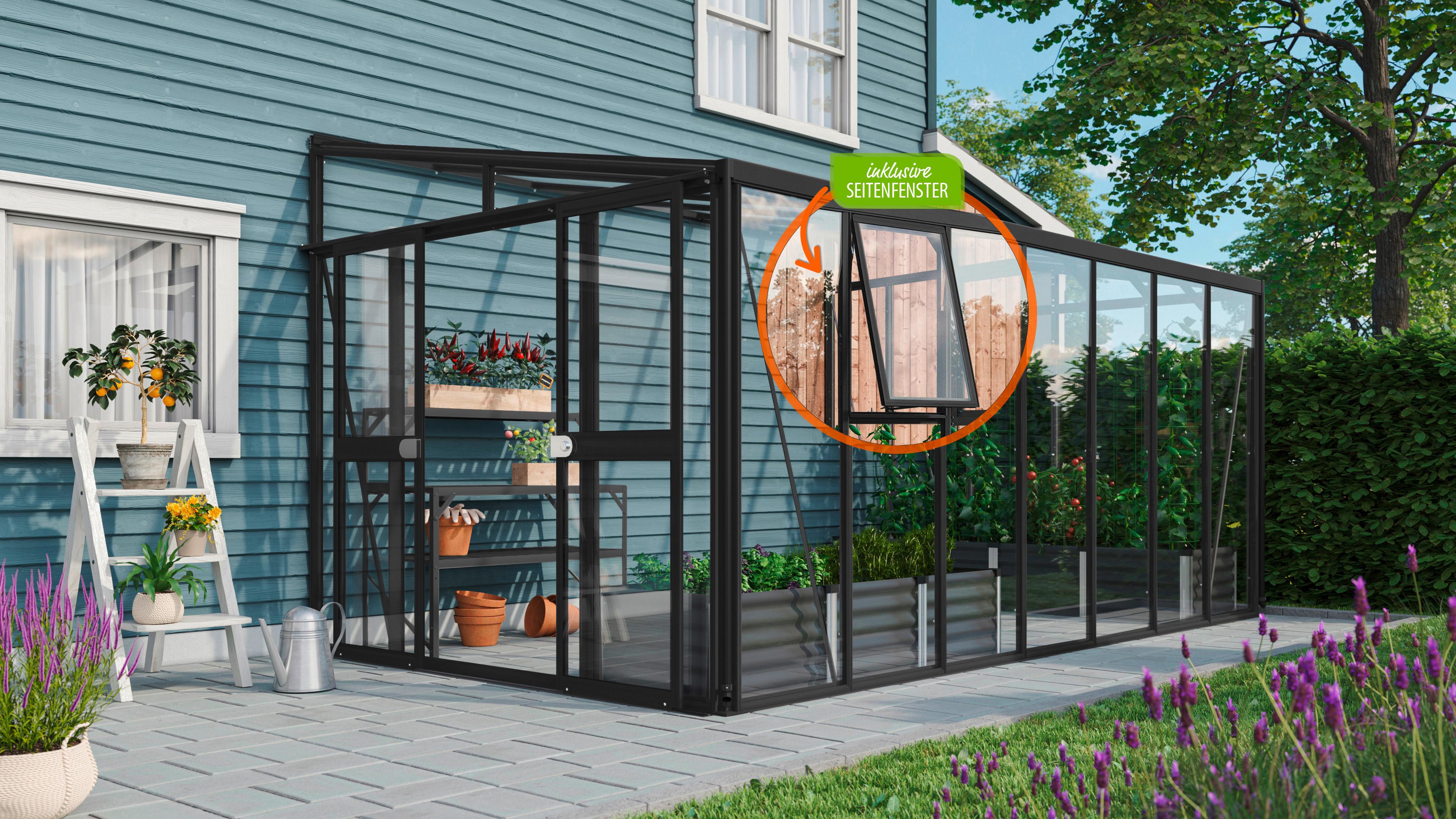 Anlehngewächshaus mit Seitenfenstern und Pultdach