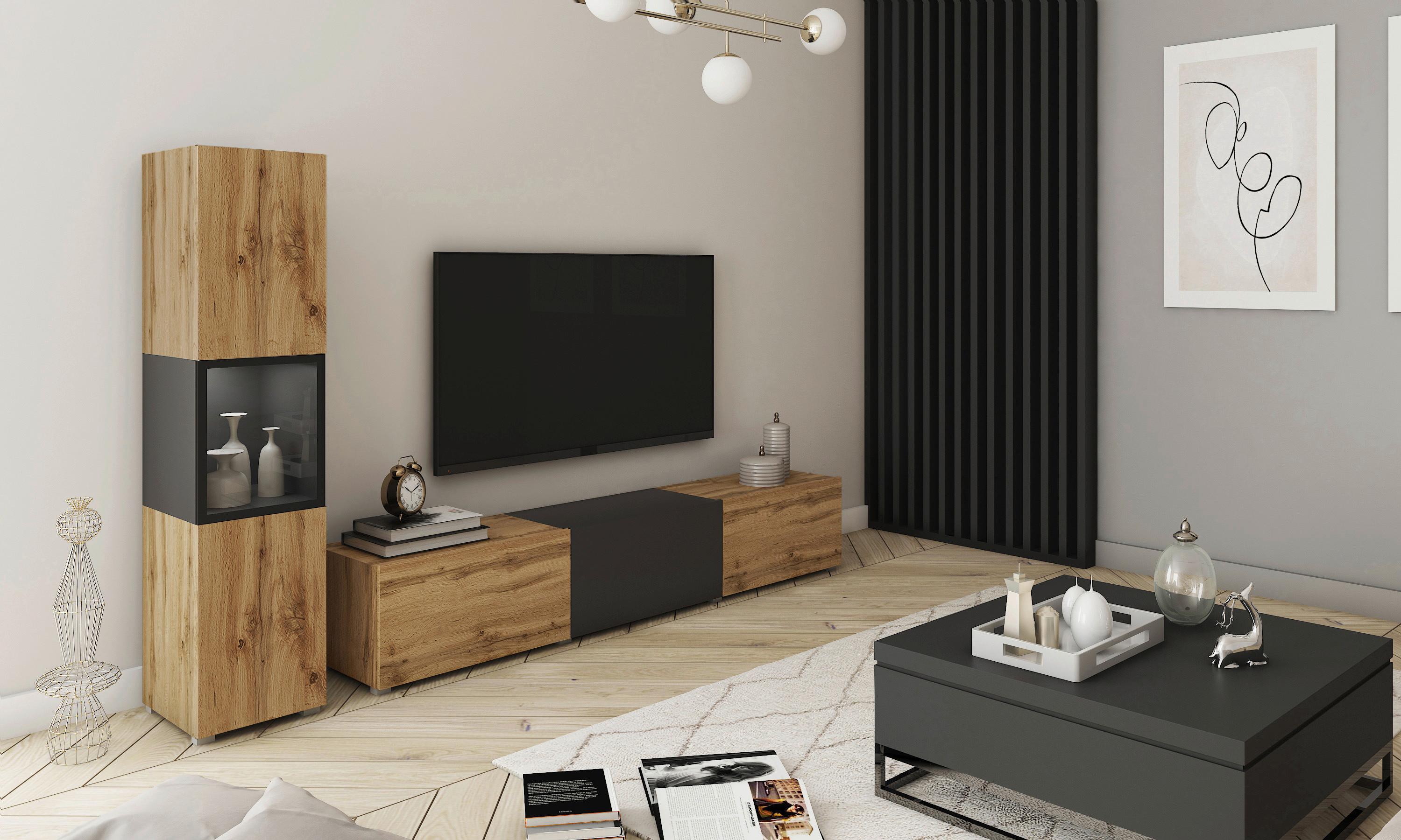 Wohnwand Berlin I Eiche Wotan/schwarz B: 210 Cm - Eiche Wotan/Schwarz, Design, Glas/Holzwerkstoff (210/130/32,5cm) - MID.YOU