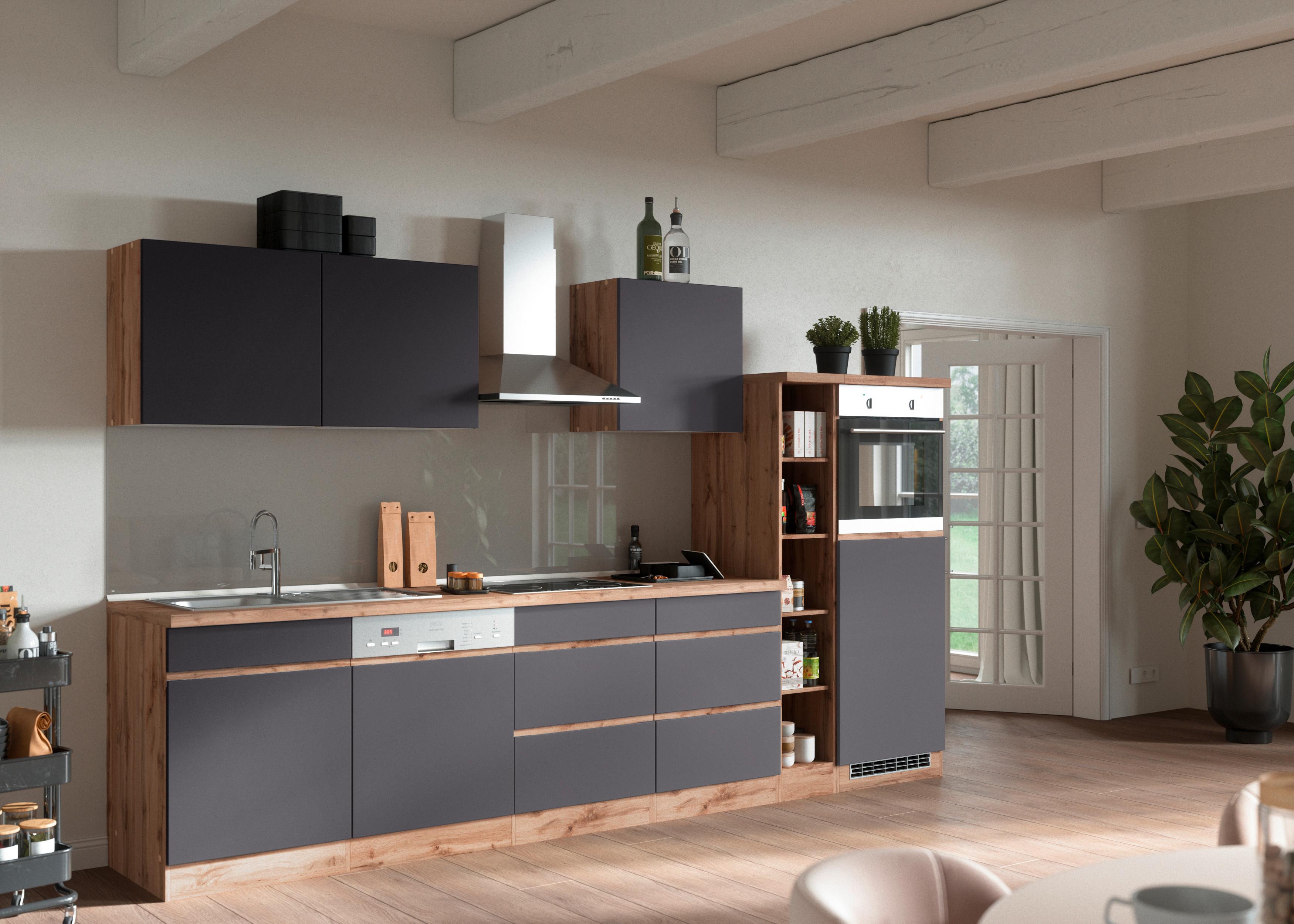 Küchenzeile Turin mit Geräte B: 330cm Grau/Wotaneiche Dekor - Eiche Wotan/Grau, Design, Holzwerkstoff (330cm) - Held