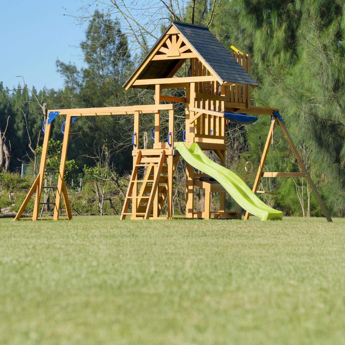 Spielturm Mit Rutsche Limegrün - Anthrazit/Limette, Basics, Holz/Kunststoff (482/500/338cm) - Ambia Garden