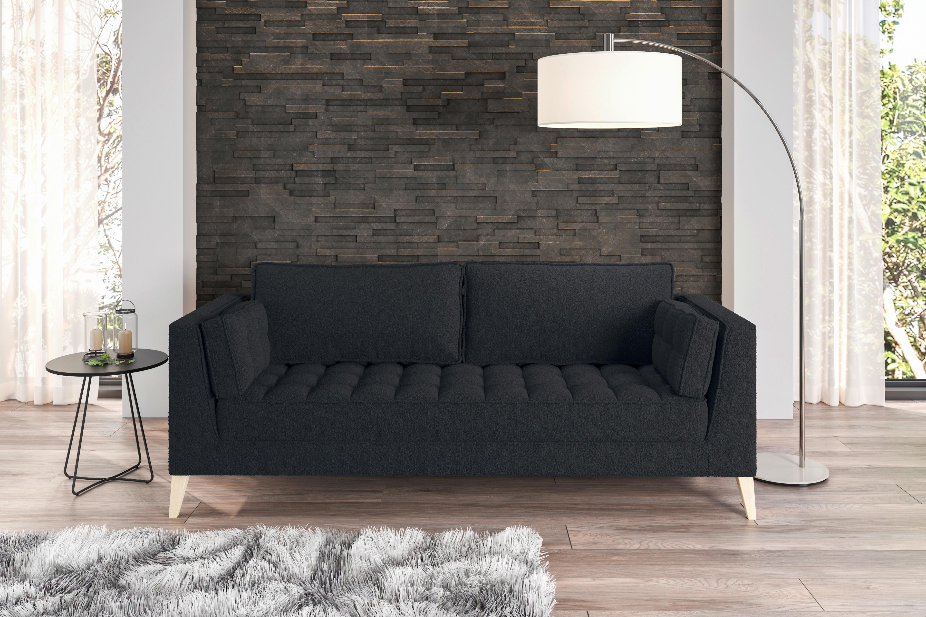 Třímístná pohovka DOTI, černá - černá/přírodní barvy, Design, kompozitní dřevo/textil (170/95/85cm) - MID.YOU