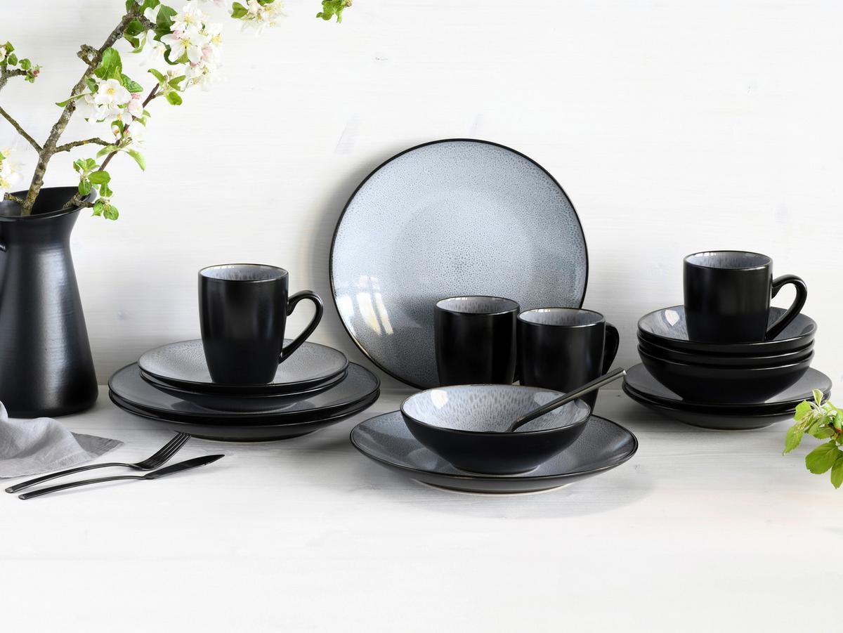 Kombiservice Malmö Schwarz, Grauweiß 16--Teilig - Grauweiß/Schwarz, Basics, Keramik - Creatable